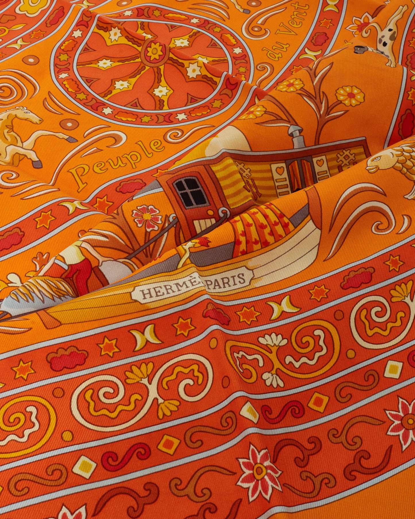 Hermès Orange/Red/Multi Peuple du Vent Silk Scarf