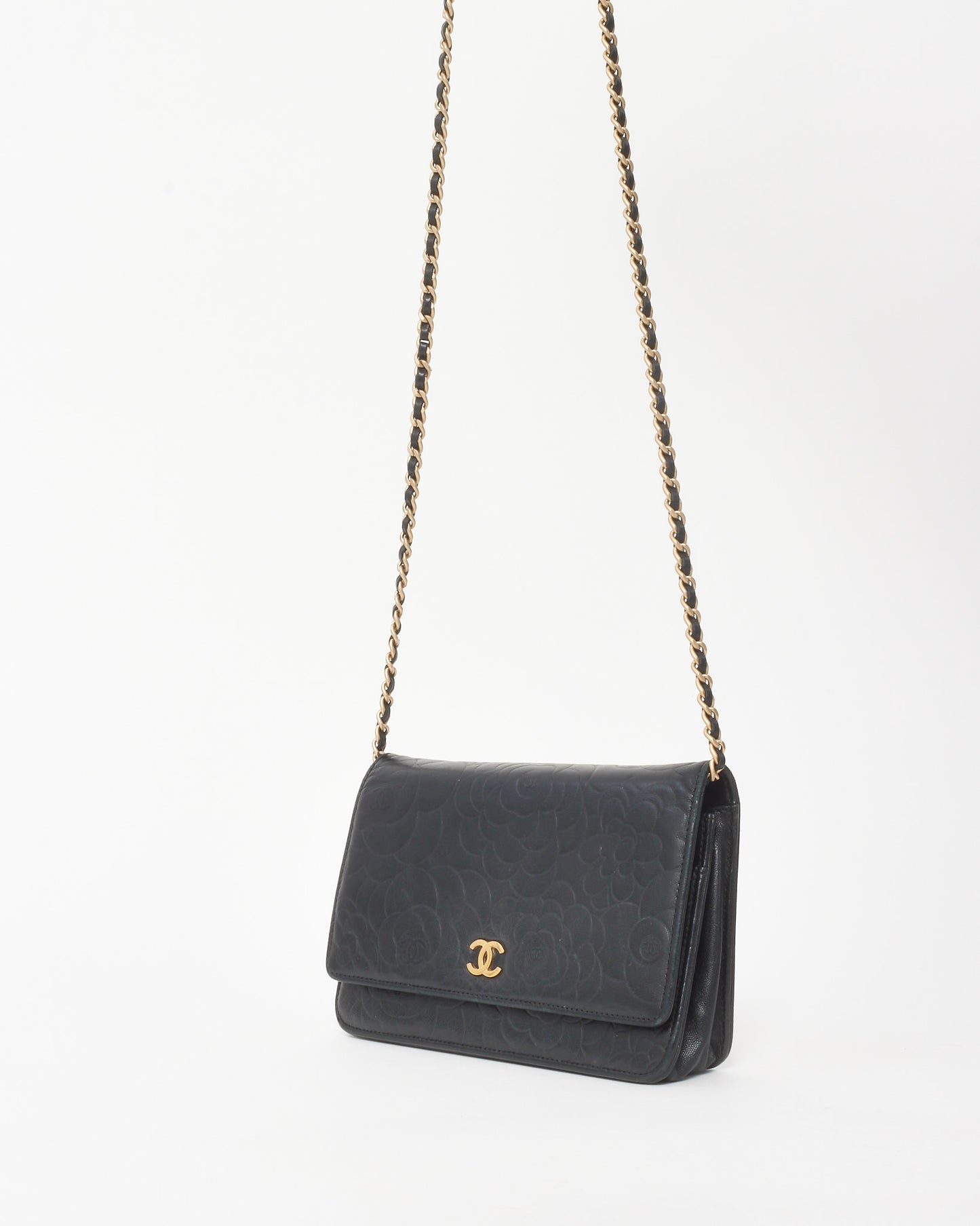 Chanel Black Lambskin Camellia Embossed Leather WOC Wallet on Chain Bag GHW