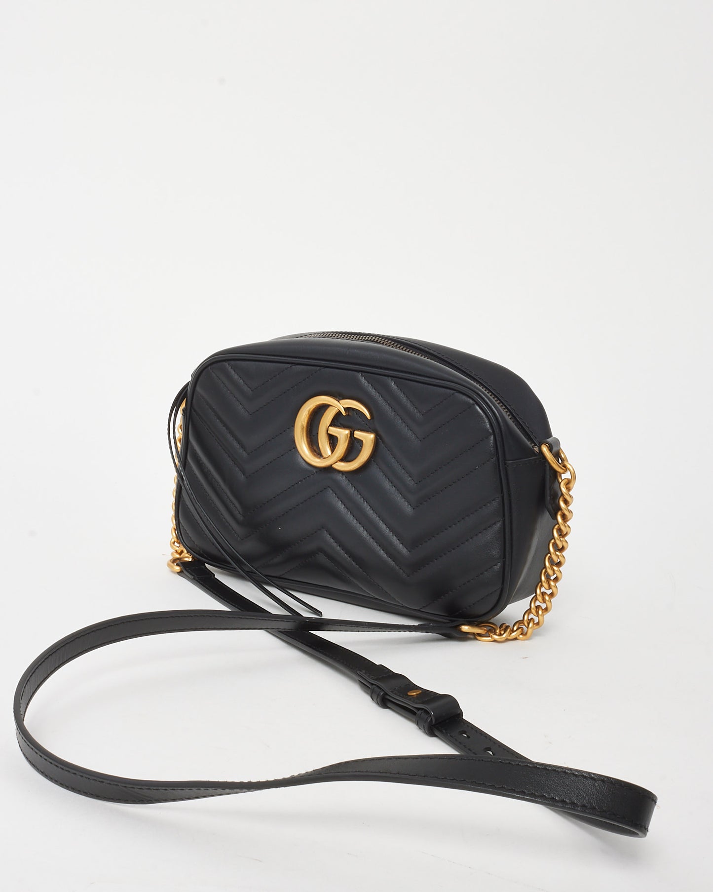Gucci Black Matelassé Chevron Leather GG Marmont Small Camera Bag