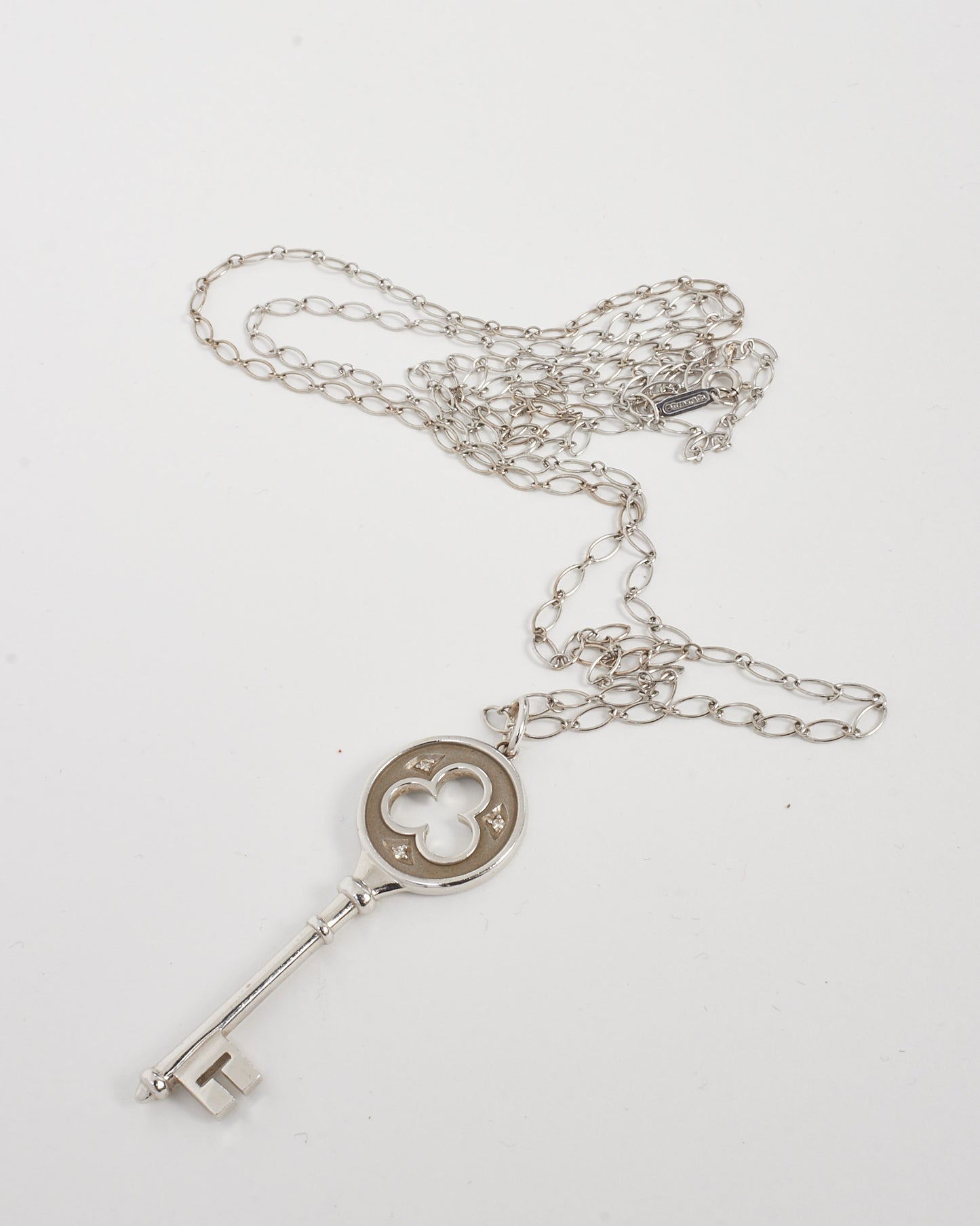 Tiffany & Co. 750 18K White Gold Diamond Clover Key Pendant Marquis Chain Necklace