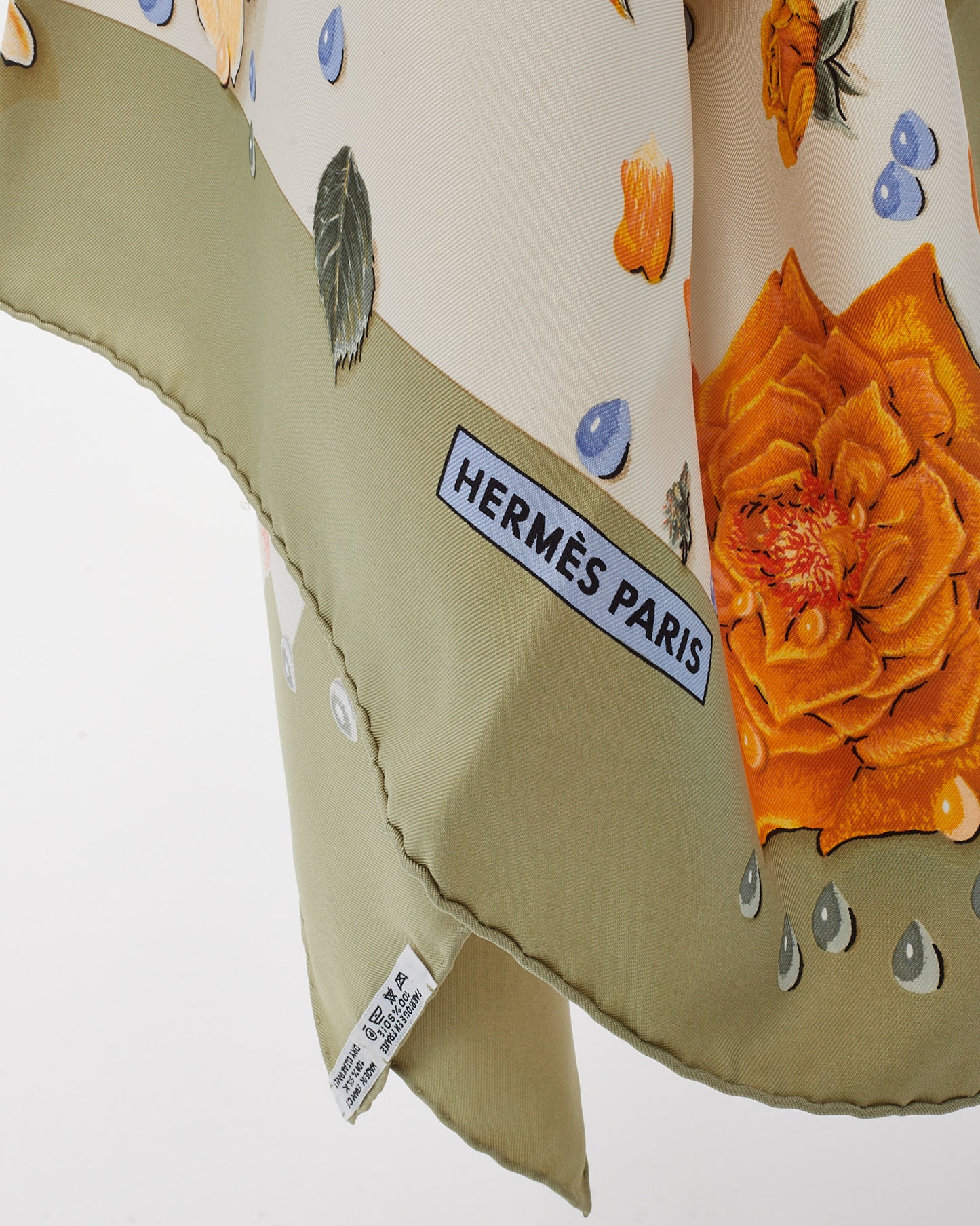 Hermès Green/Orange/Multi "La Rosée Rose Drop" Silk Scarf