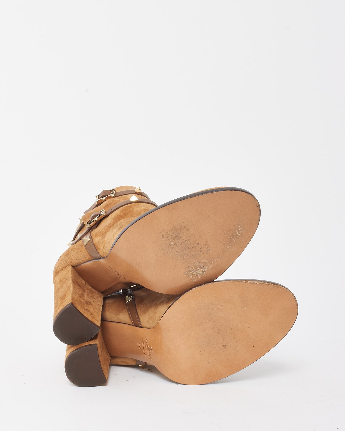 Valentino Brown Nocciola Suede Rockstud Double Buckle 100mm Block Heel Ankle Boots - 39