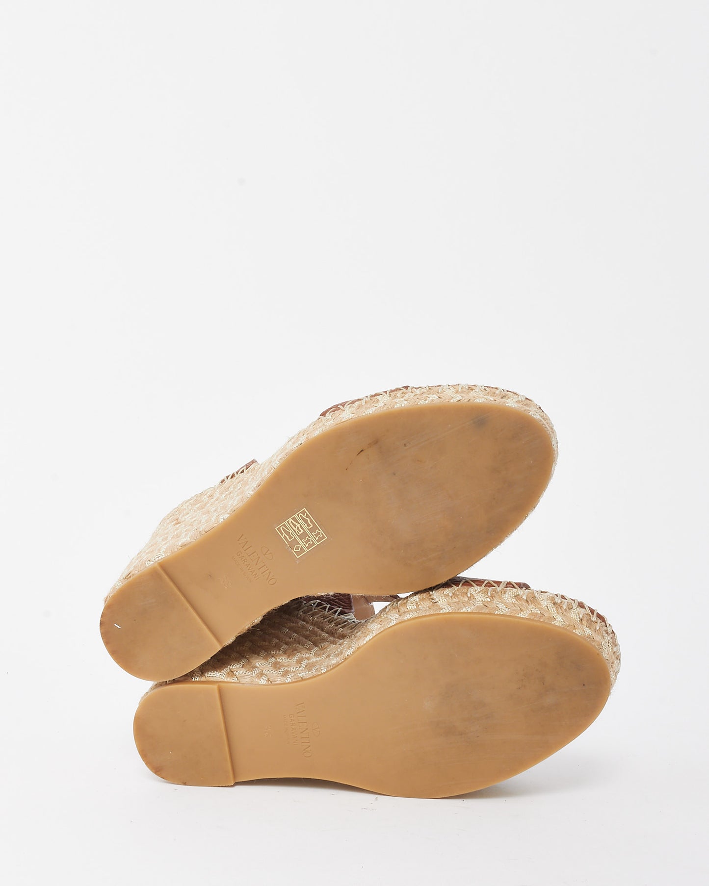 Valentino Tan Leather Rockstud Espadrille Wedges - 38.5