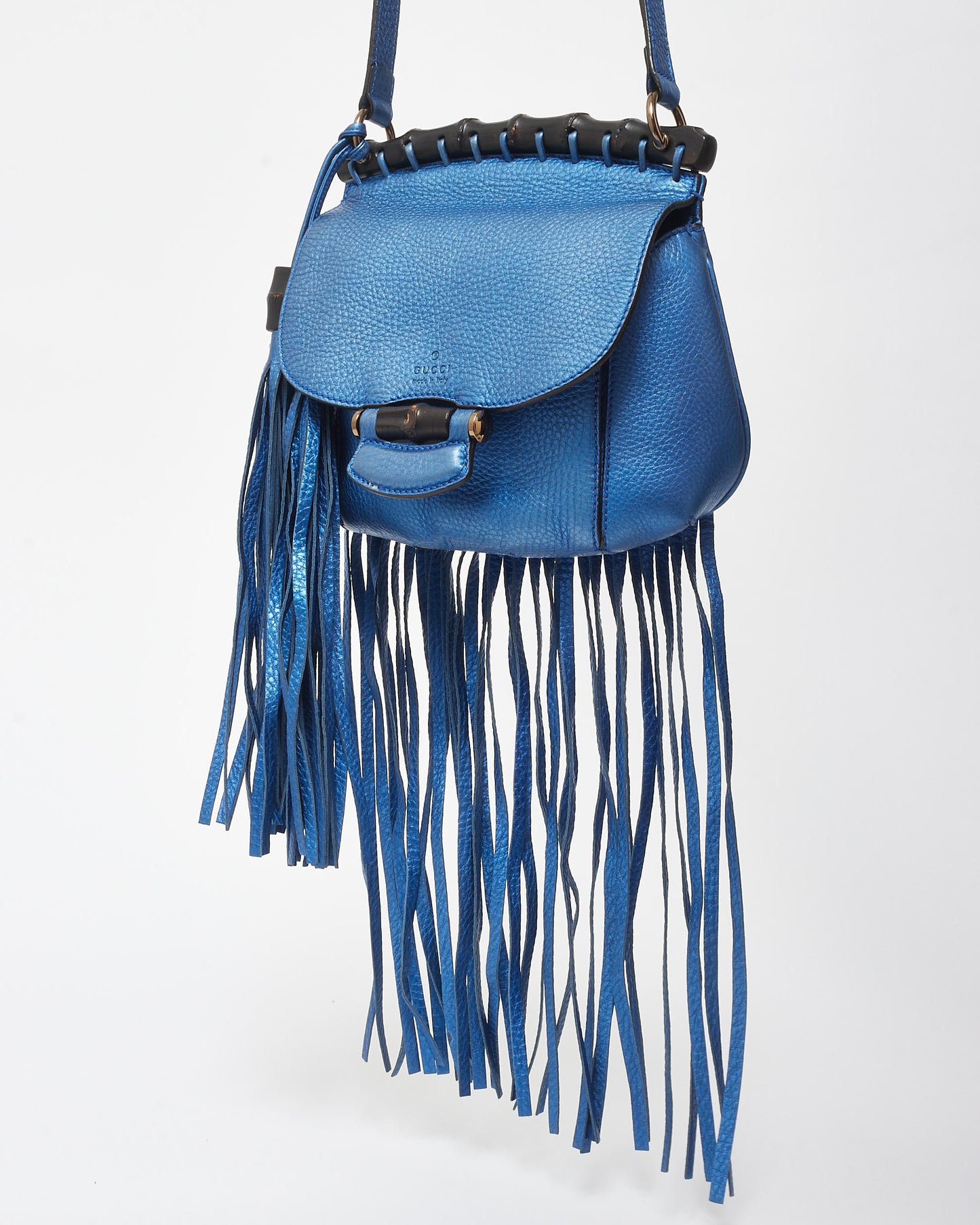 Gucci Metallic Blue Leather Fringe & Bamboo Crossbody Bag