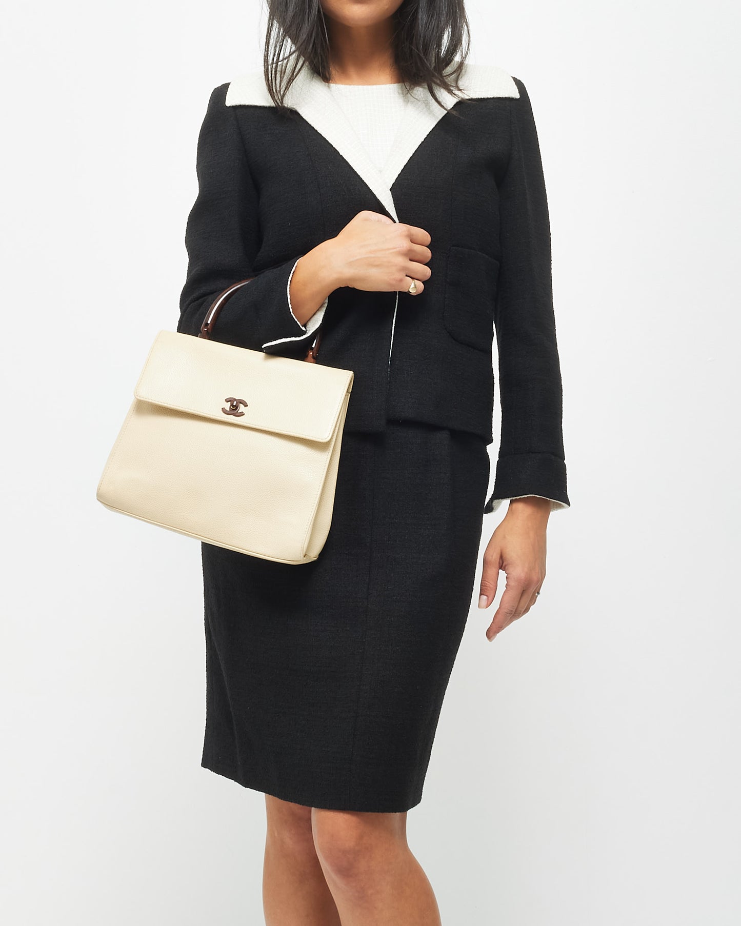 Chanel Vintage Cream Caviar Leather & Wood Kelly Bag