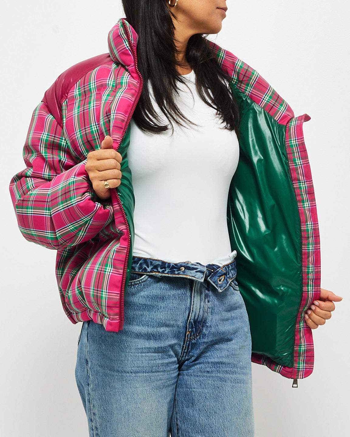 Moncler Pink & Green Plaid Down Puffer Jacket - 4