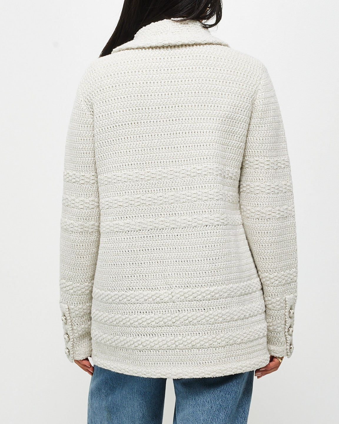 Chanel Ecru & Silver 21B Knit Blazer Jacket - 36