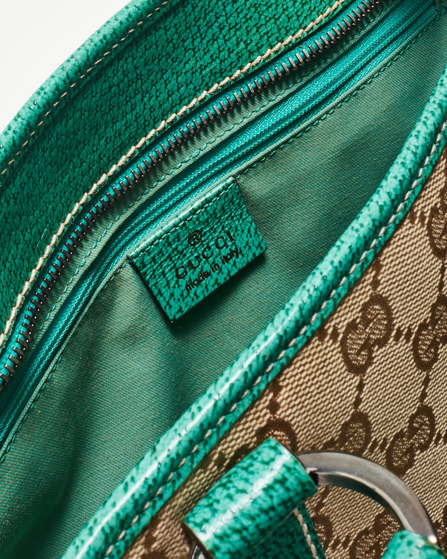 Gucci Vintage Monogram Canvas & Green Leather Shoulder Bag