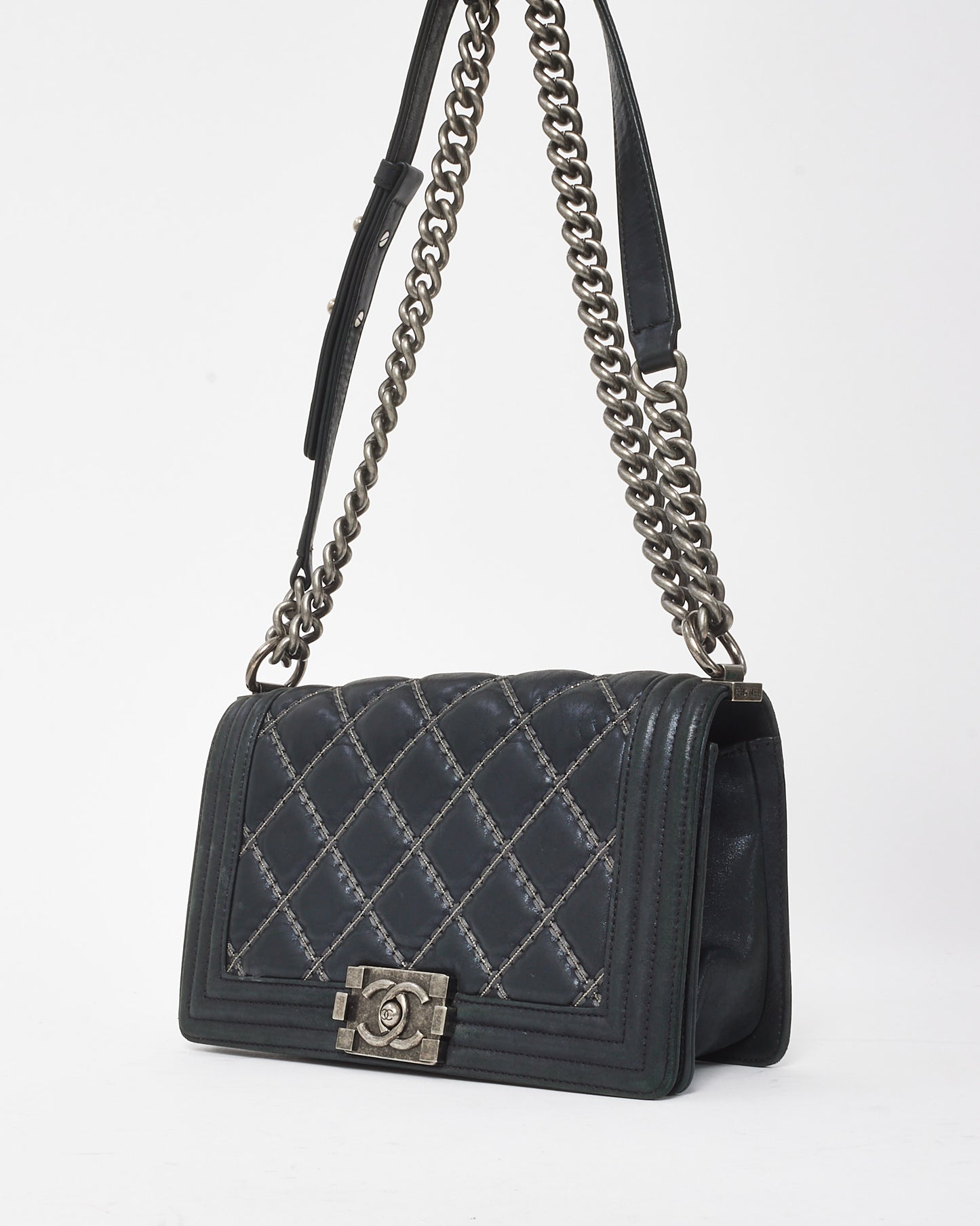 Chanel Black Calfskin Leather Double Stitch Medium Boy Flap Bag