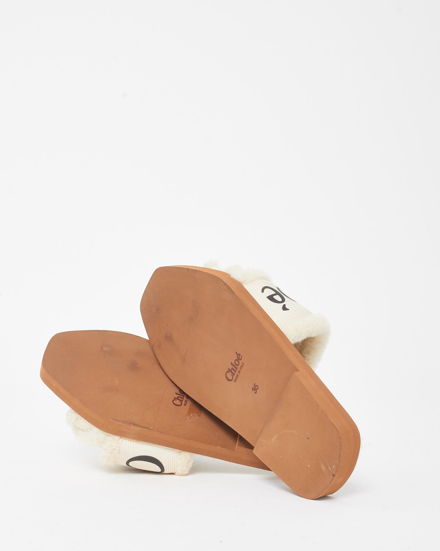 Chloé Beige Shearling Woody Slide Sandals - 35