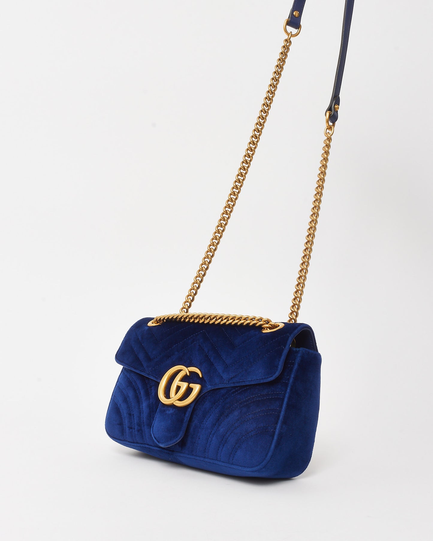Gucci Blue Matelassé Velvet Small GG Marmont Shoulder Bag