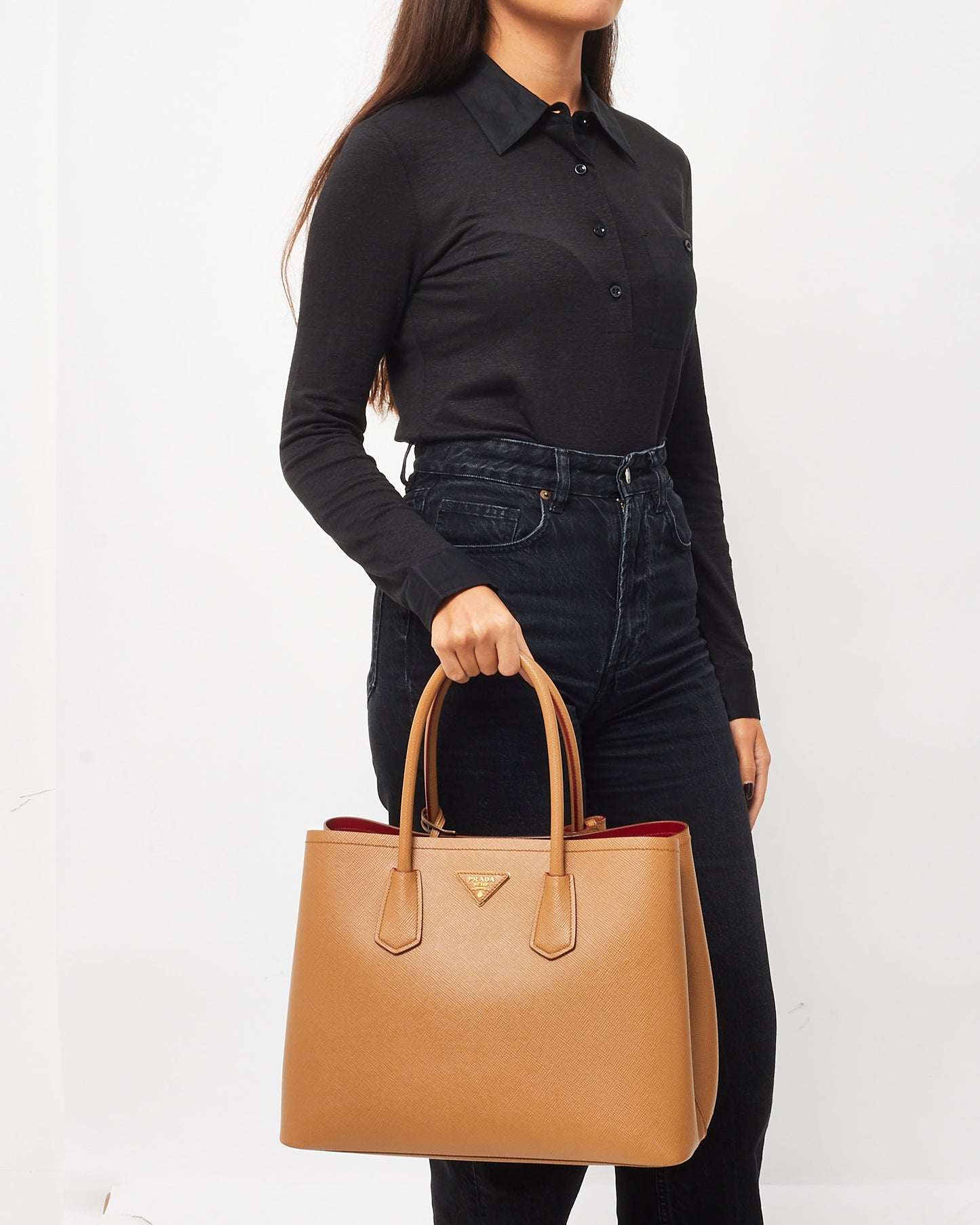 Prada Caramel Saffiano Leather With Red Interior Medium Double Tote