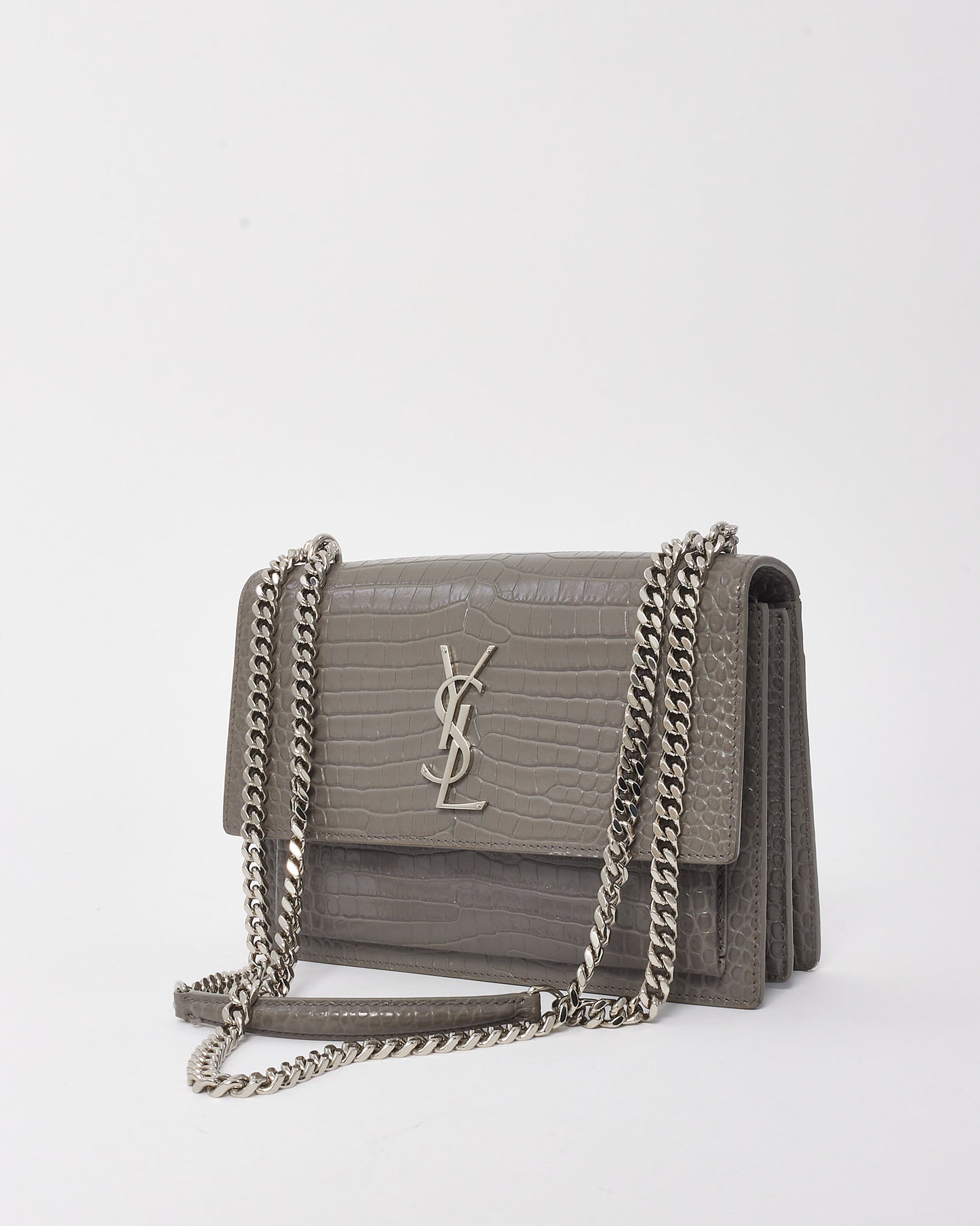 Saint Laurent Grey Patent Croc Embossed Leather Medium Sunset Bag