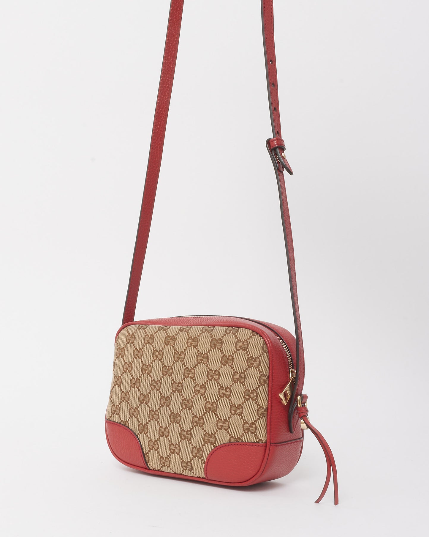 Gucci Beige and Ebony GG Monogram Canvas Red Leather Trim Mini Bree Camera Bag