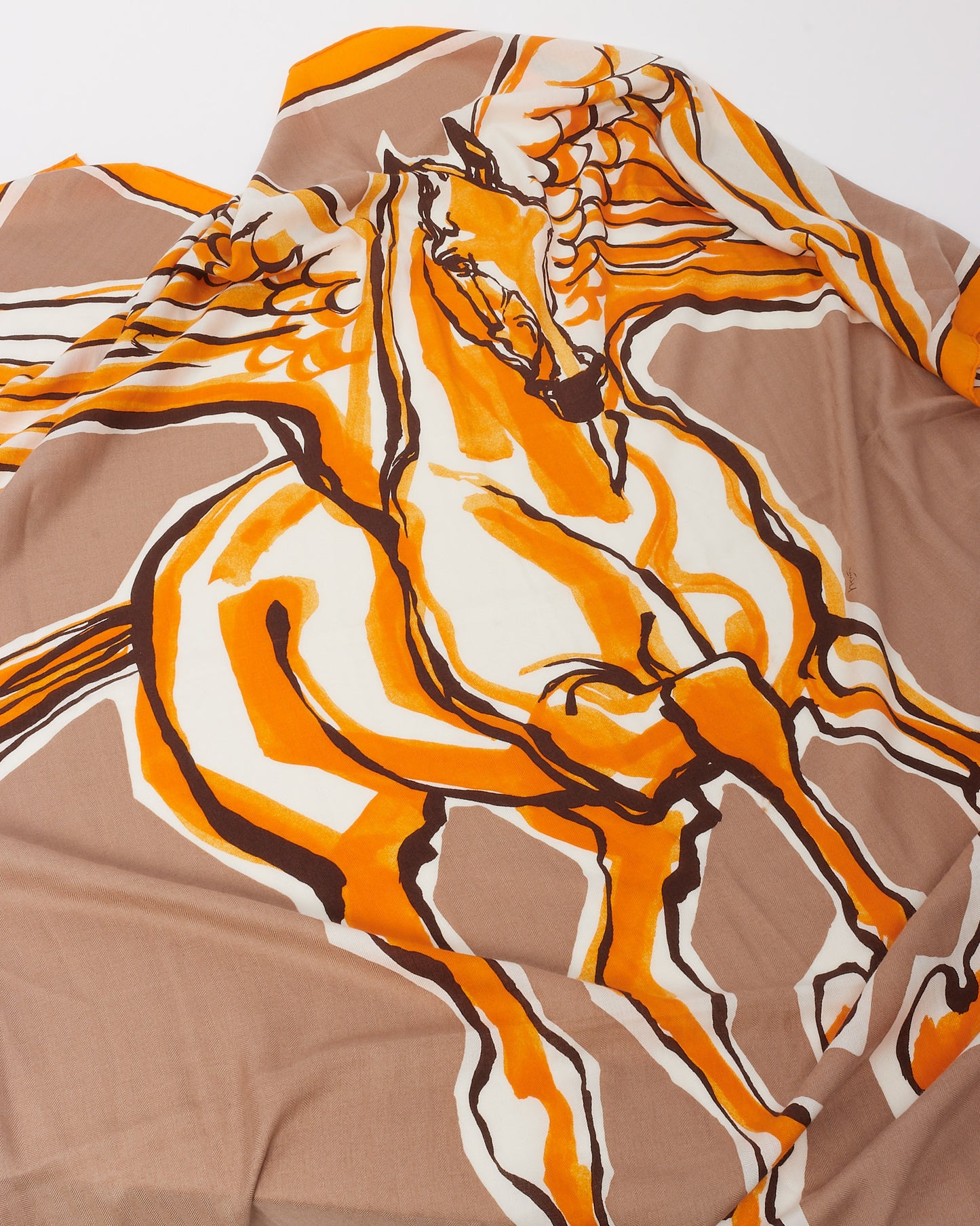 Hermès Orange/Taupe/Multi Cashmere Silk Libre Comme Pegase 140 Scarf Shawl