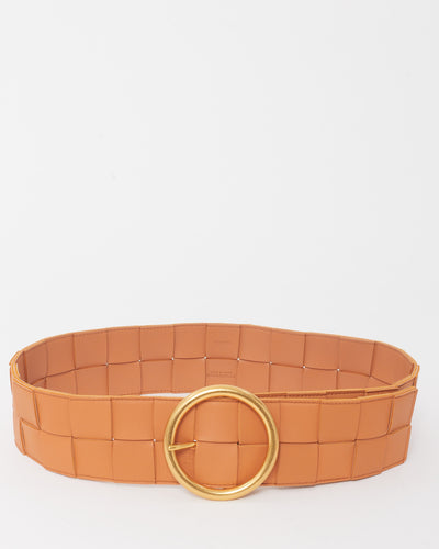 Bottega Veneta Tan Intrecciato Leather Gold Buckle Belt - 80/32