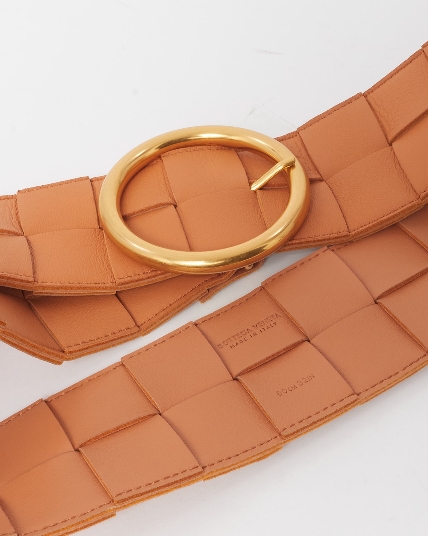 Bottega Veneta Tan Intrecciato Leather Gold Buckle Belt - 80/32