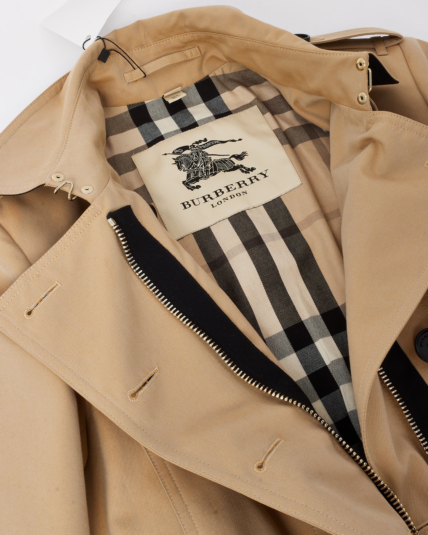 Burberry London Beige Black Detail Zip Trench Coat - US 8