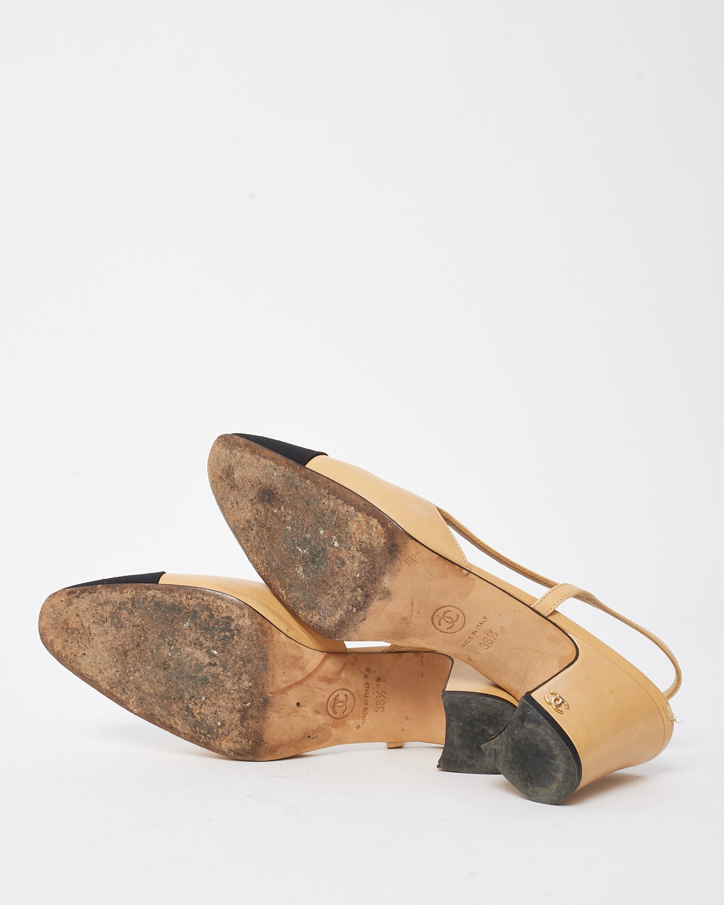 Chanel Beige Leather Black Cap Toe Slingback Pumps - 38.5