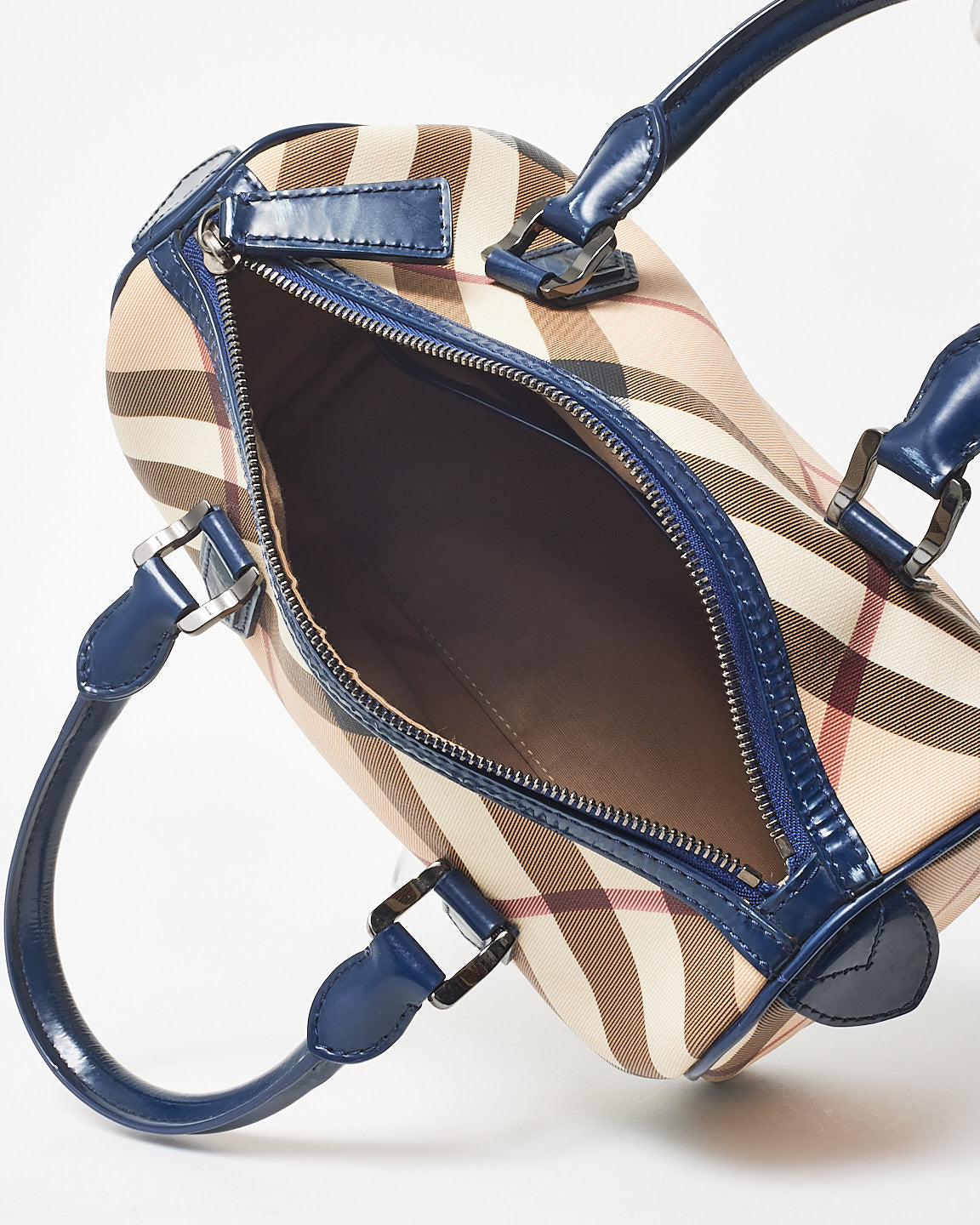 Burberry Coated Canvas Plaid & Navy Boston Bag