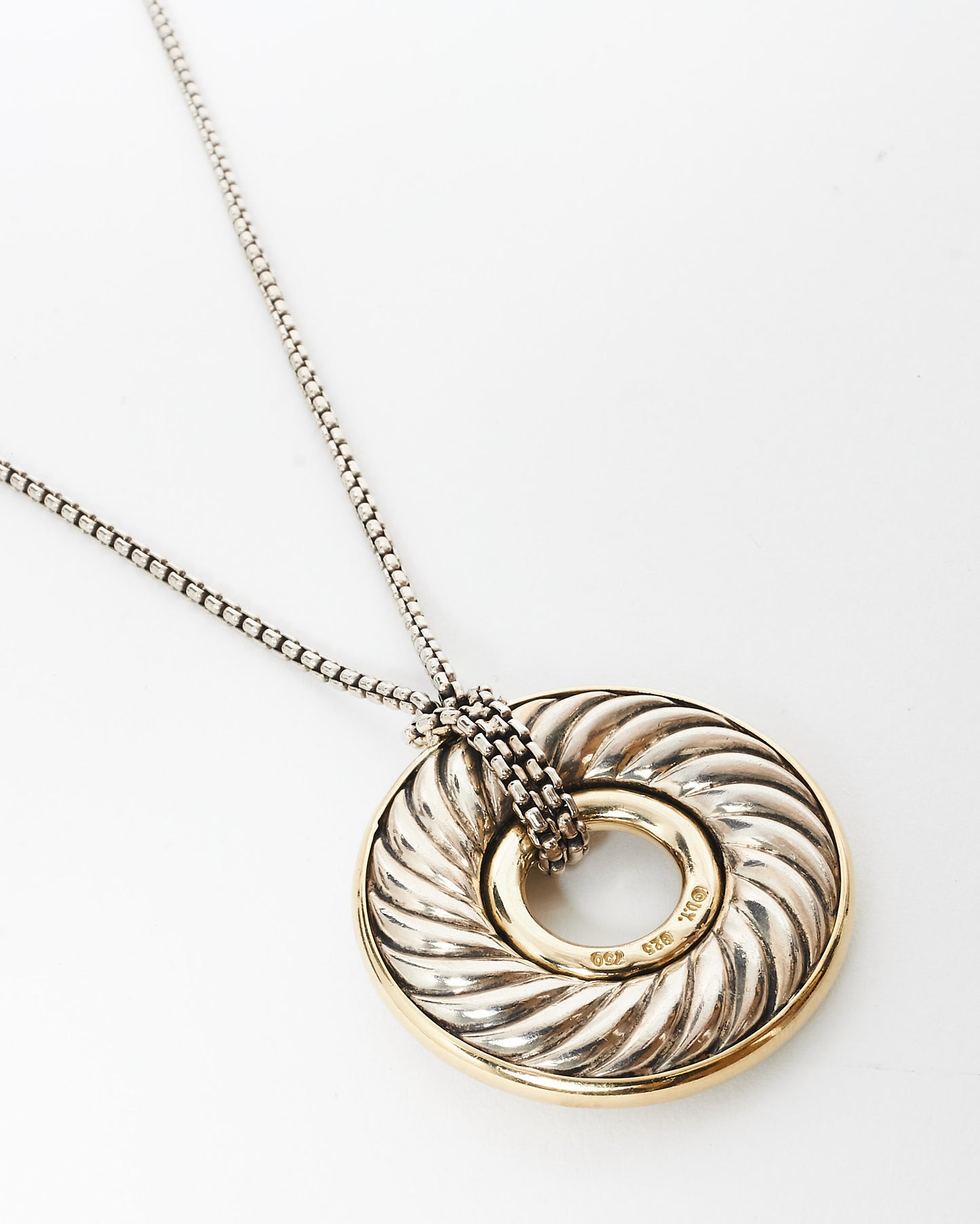 David Yurman Silver & Gold Carved Cable Circle Pendant Necklace
