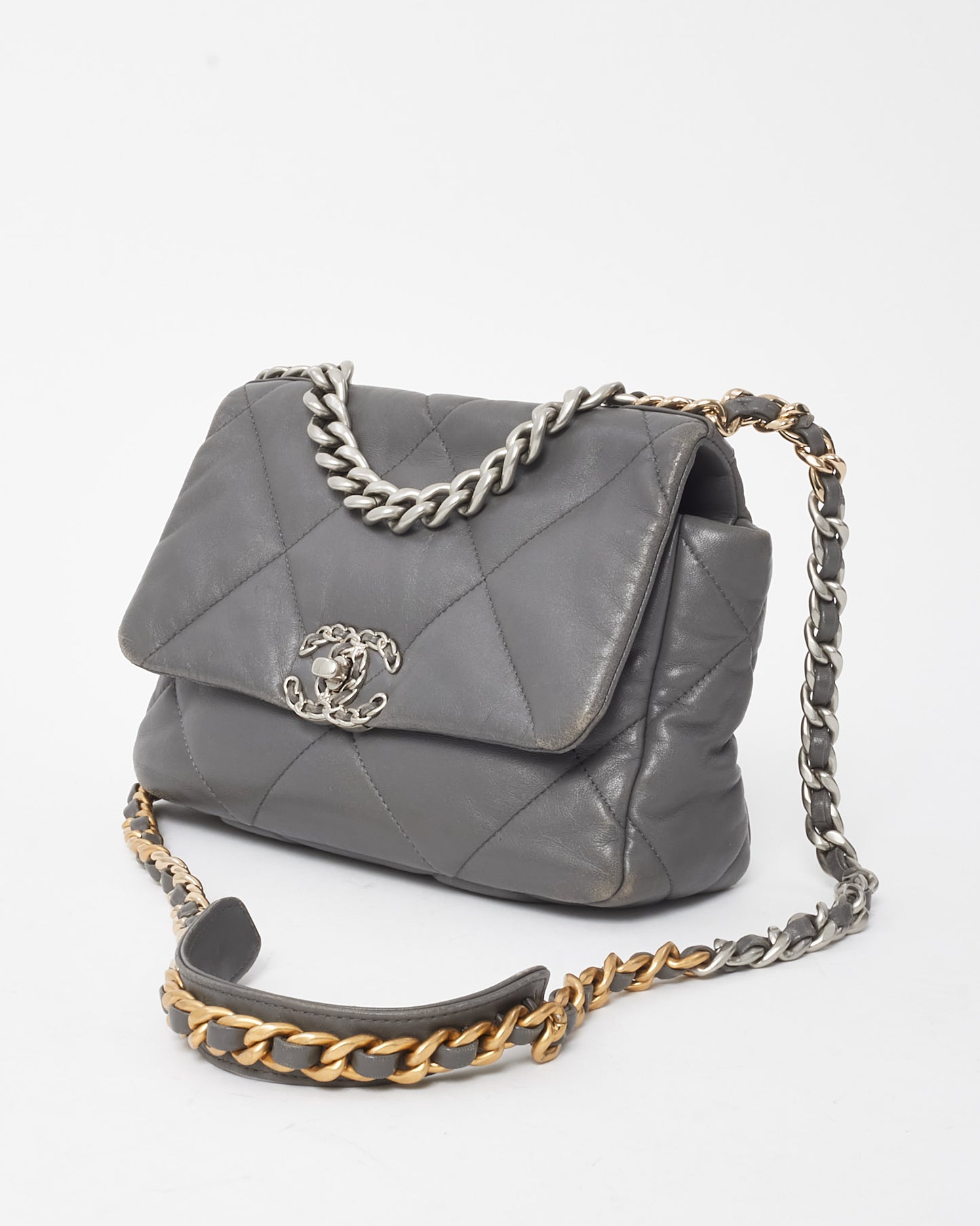 Chanel Grey Quilted Lambskin Leather Small 19 SHW Bag