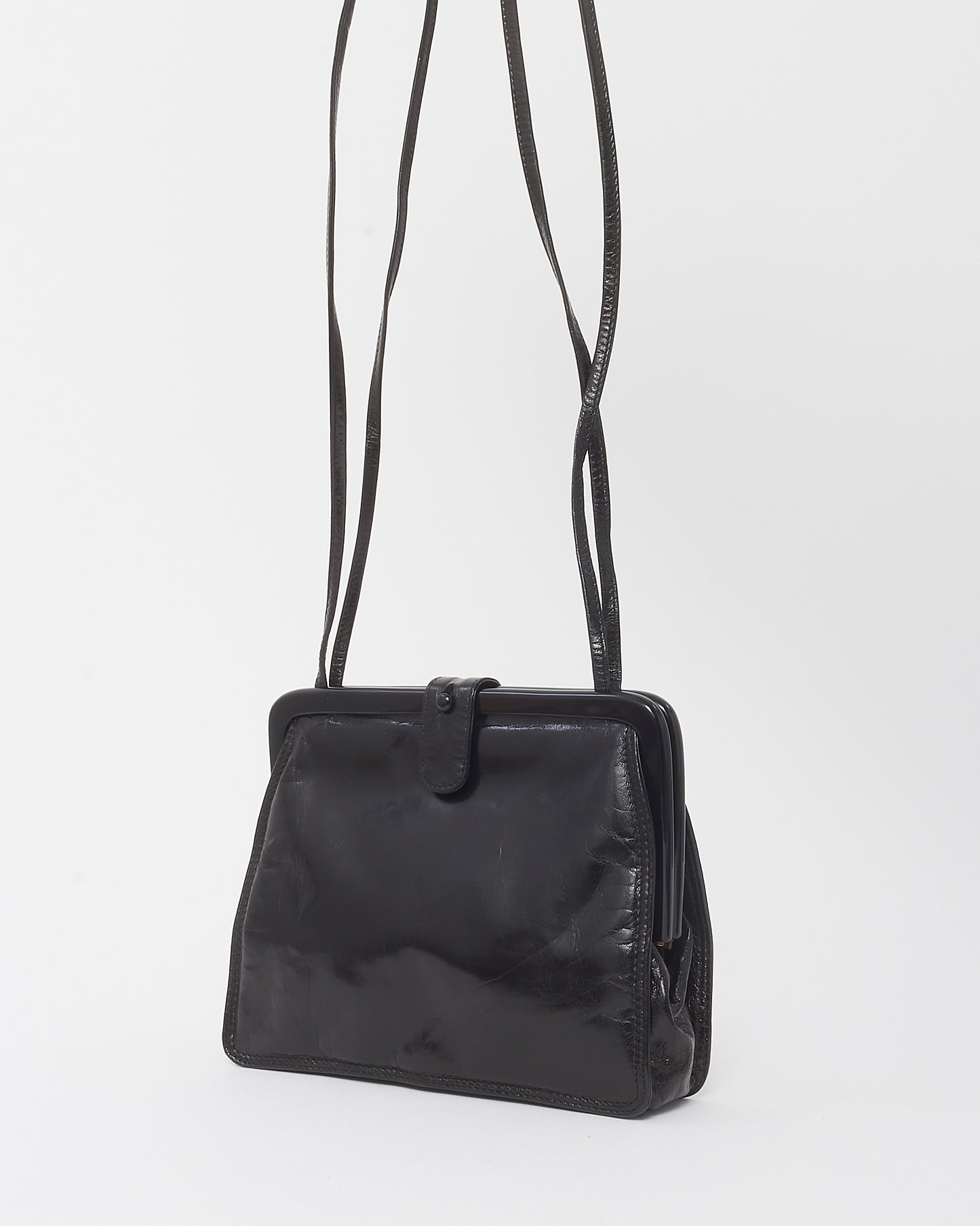 Bottega Veneta Vintage Black Glazed Calfskin Kiss Lock Crossbody Bag