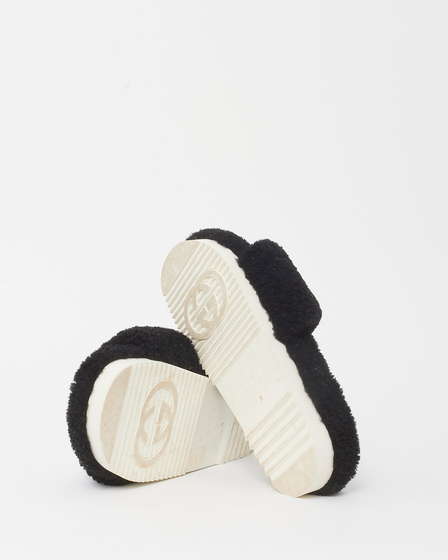 Gucci Black and White Logo Teddy Shearling Eileen Slide Sandals - 39