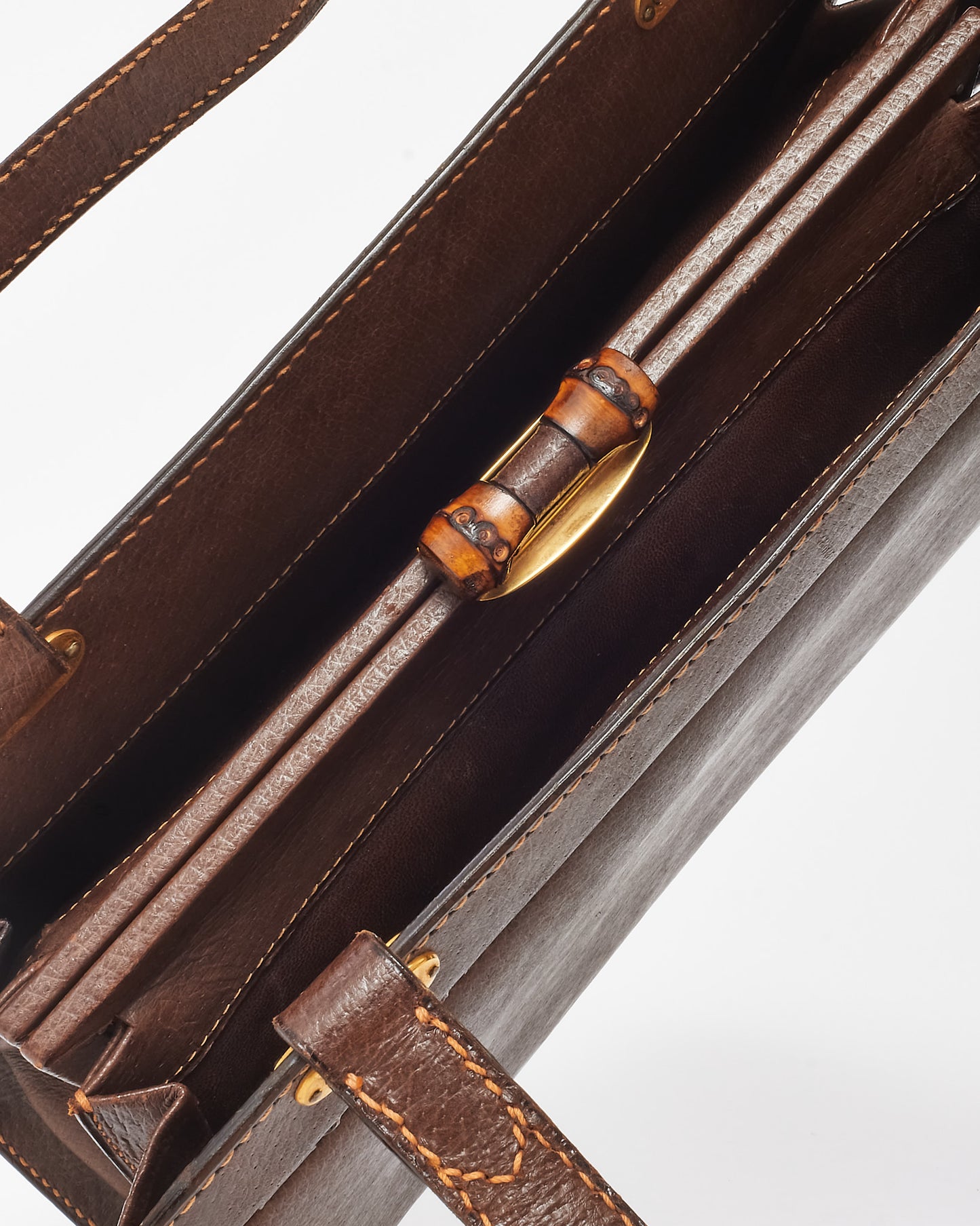 Gucci Vintage Brown Leather Bamboo Detail Top Handle Bag