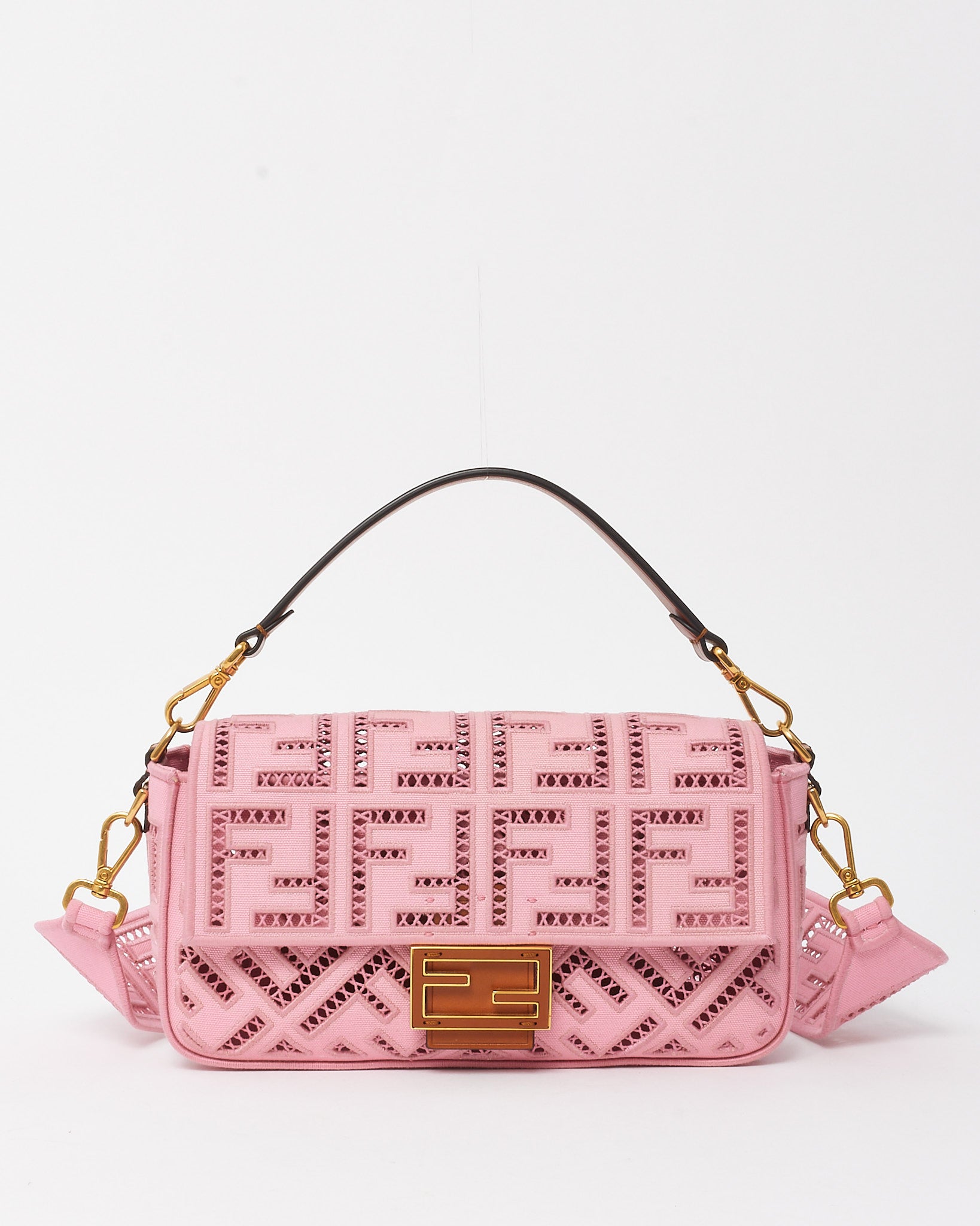 Buy Fendi Pink Embroidered and Perforated Canvas Openwork FF