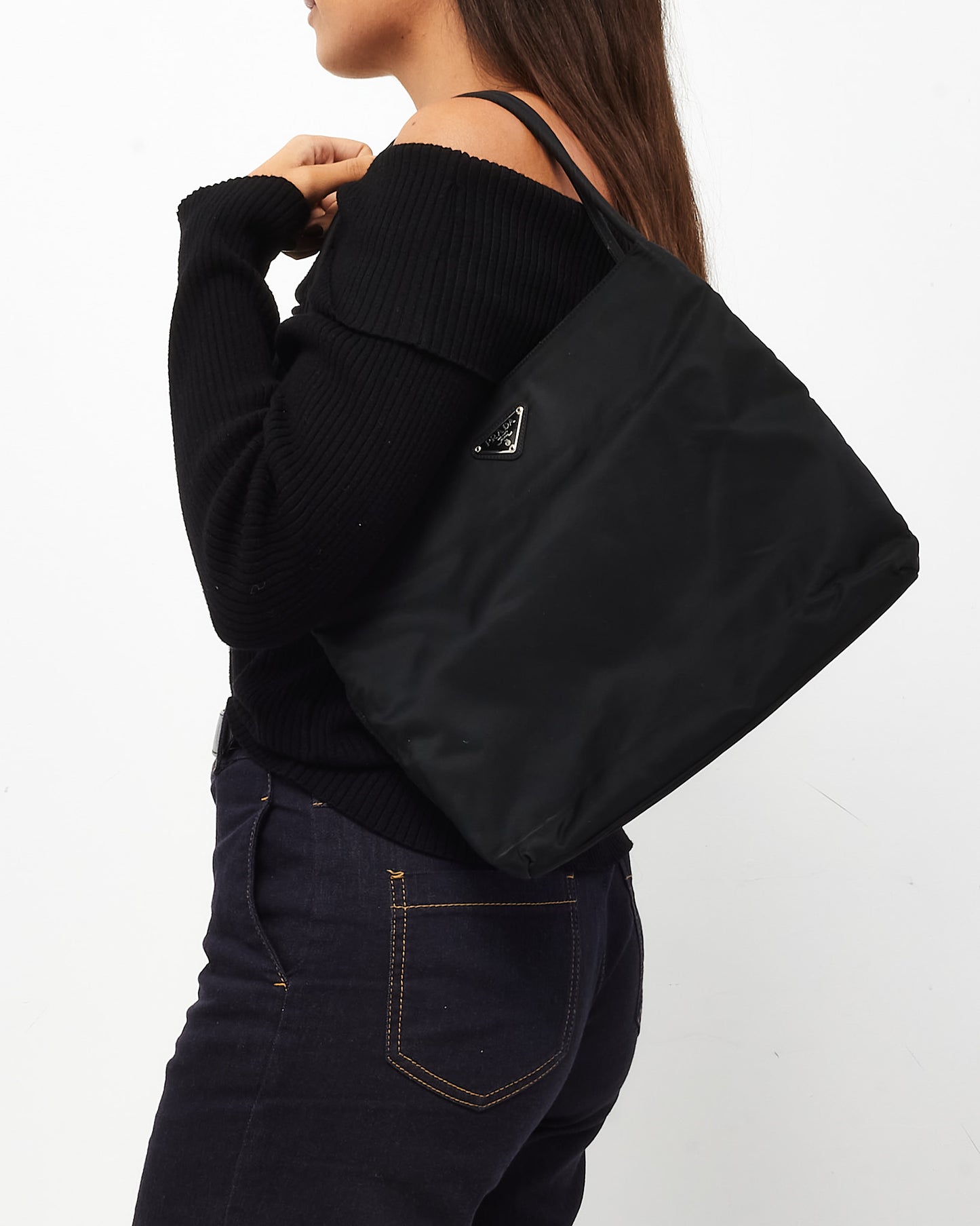 Prada Black Tessuto Nylon Logo Double Strap Shoulder Bag