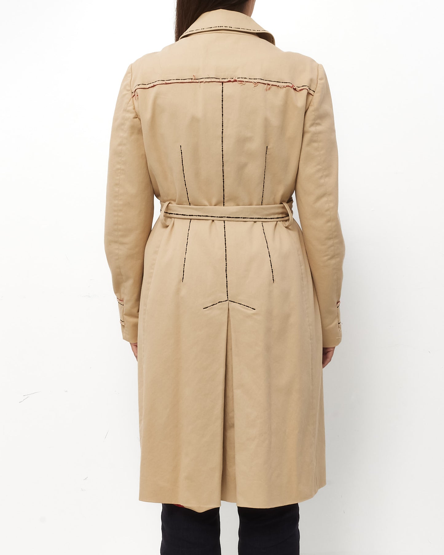 Moschino Beige Red Interior with Black Stitching Canvas Mid Belted Trench Coat - 10