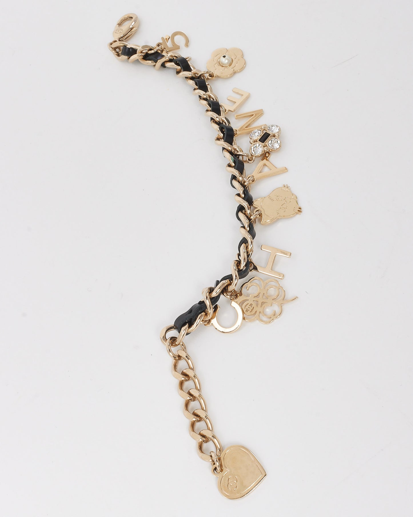 Chanel Light Gold and Black Leather Chain Logo Charm Bracelet