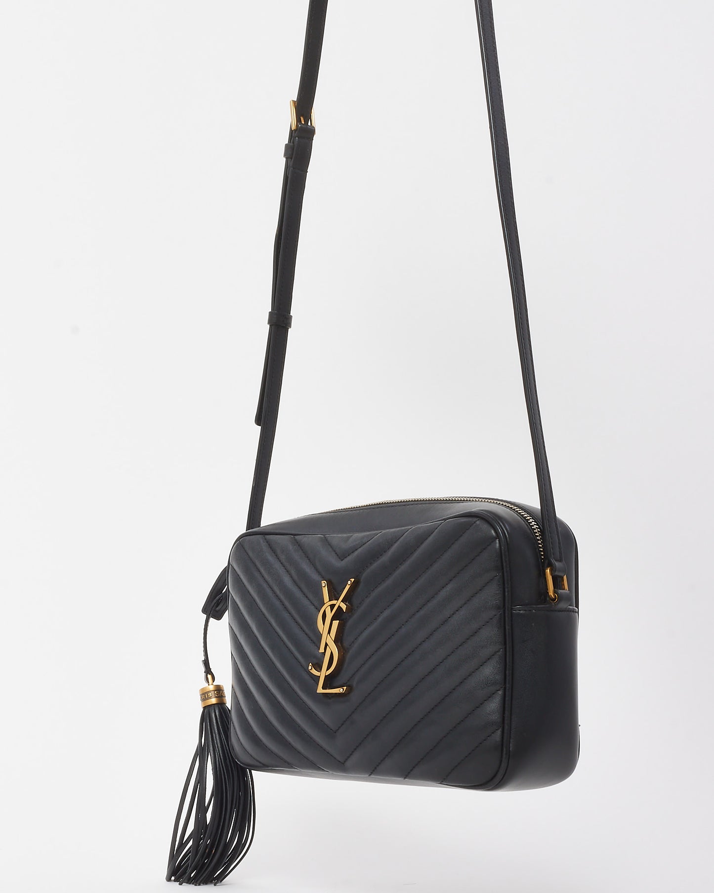 Saint Laurent Black Chevron Leather YSL Lou Camera Bag GHW