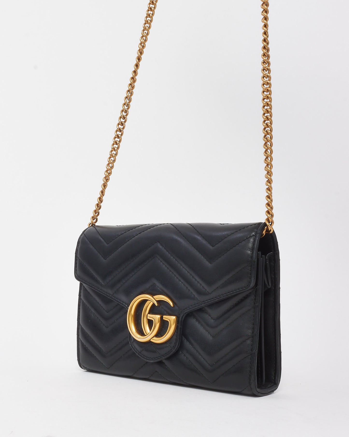 Gucci Black Chevron Leather GG Marmont (WOC) Wallet On Chain Crossbody Bag