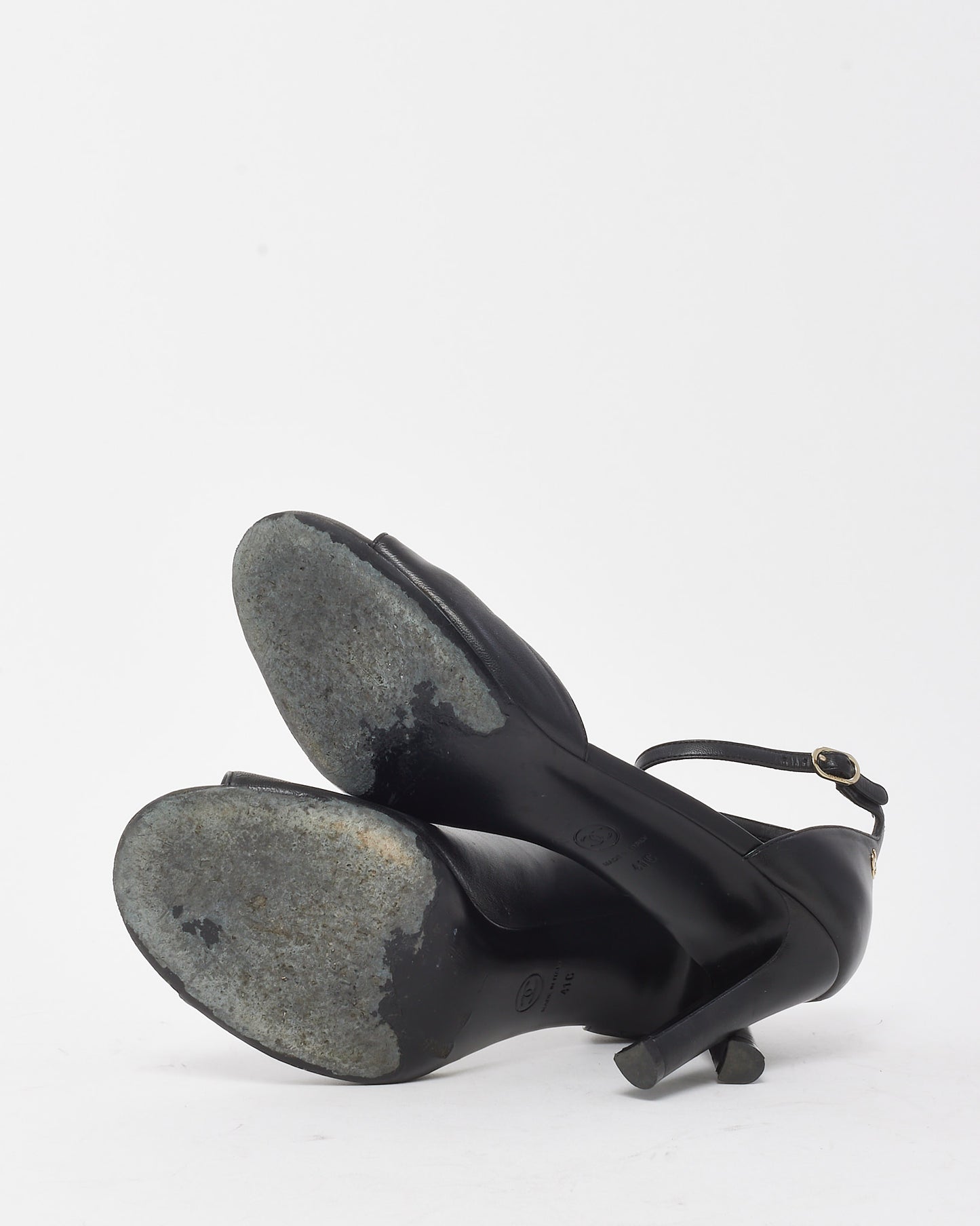 Chanel Black Leather CC Logo Ankle Strap Open Toe Pumps - 41