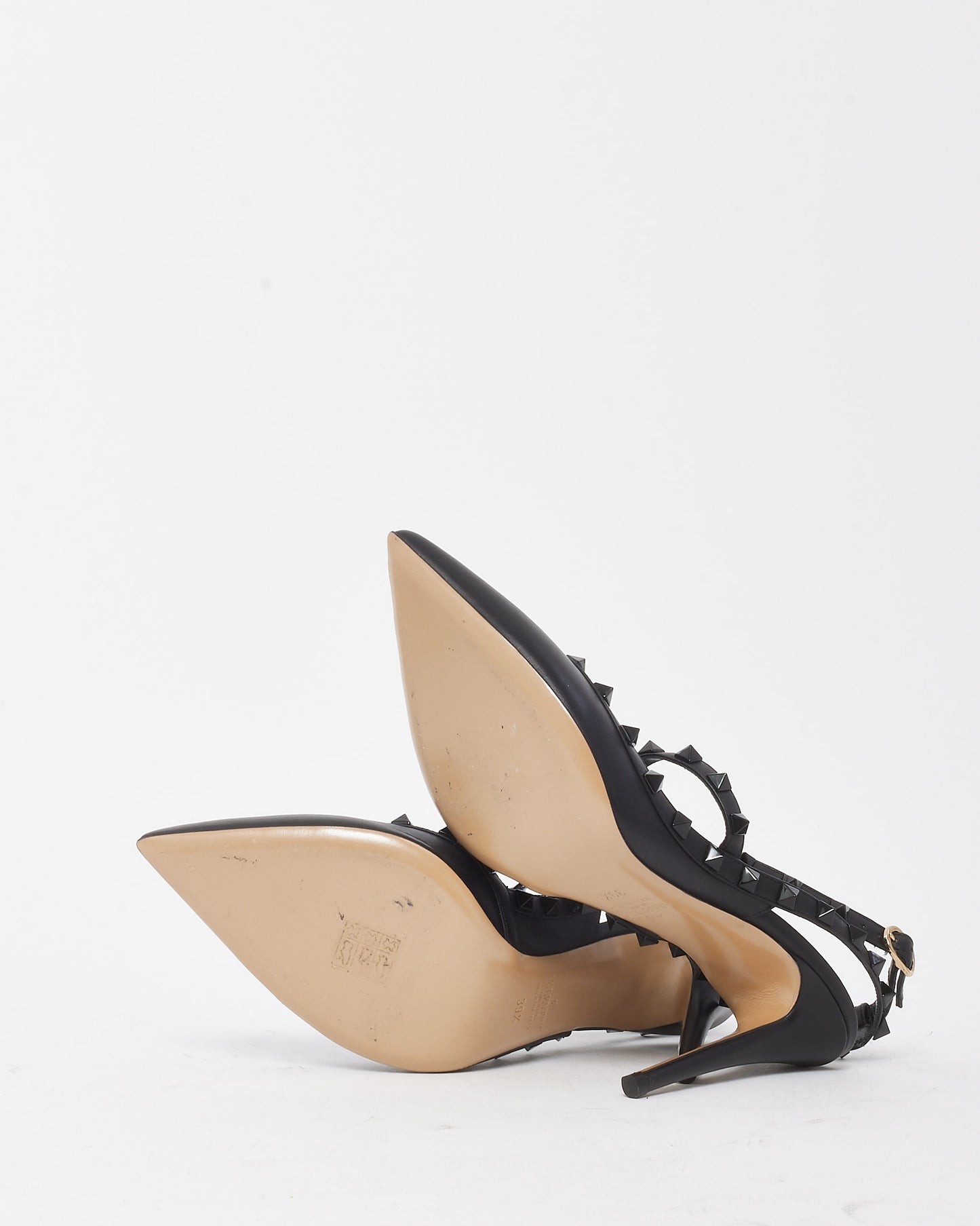 Valentino Black Leather Black Rockstud Ankle Strap 100mm Pointed Toe Pumps - 39.5