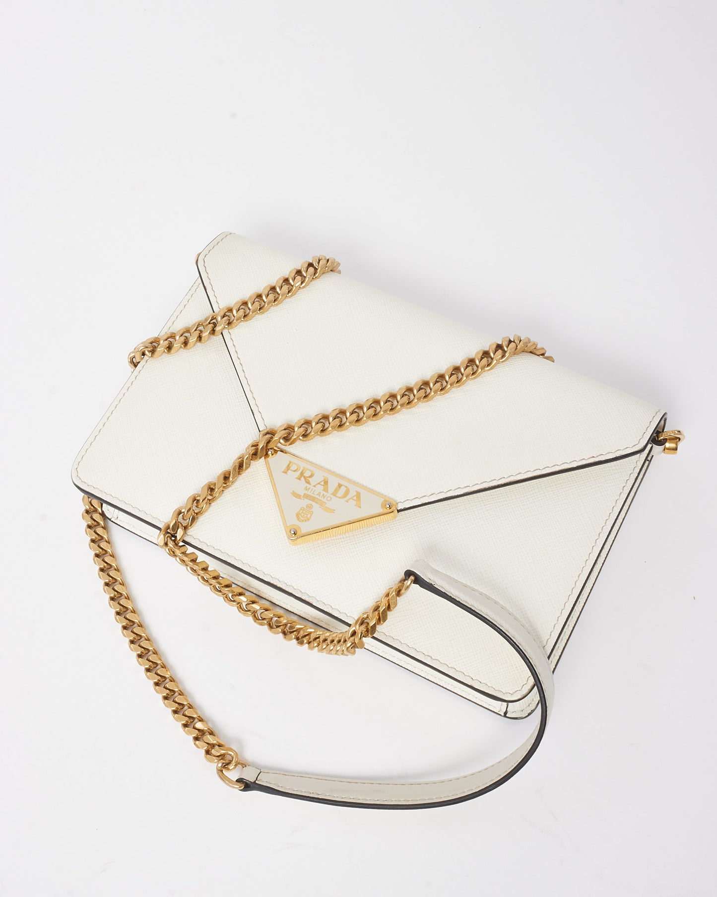 Prada White Saffiano Leather Envelope Flap Logo Chain Shoulder Bag