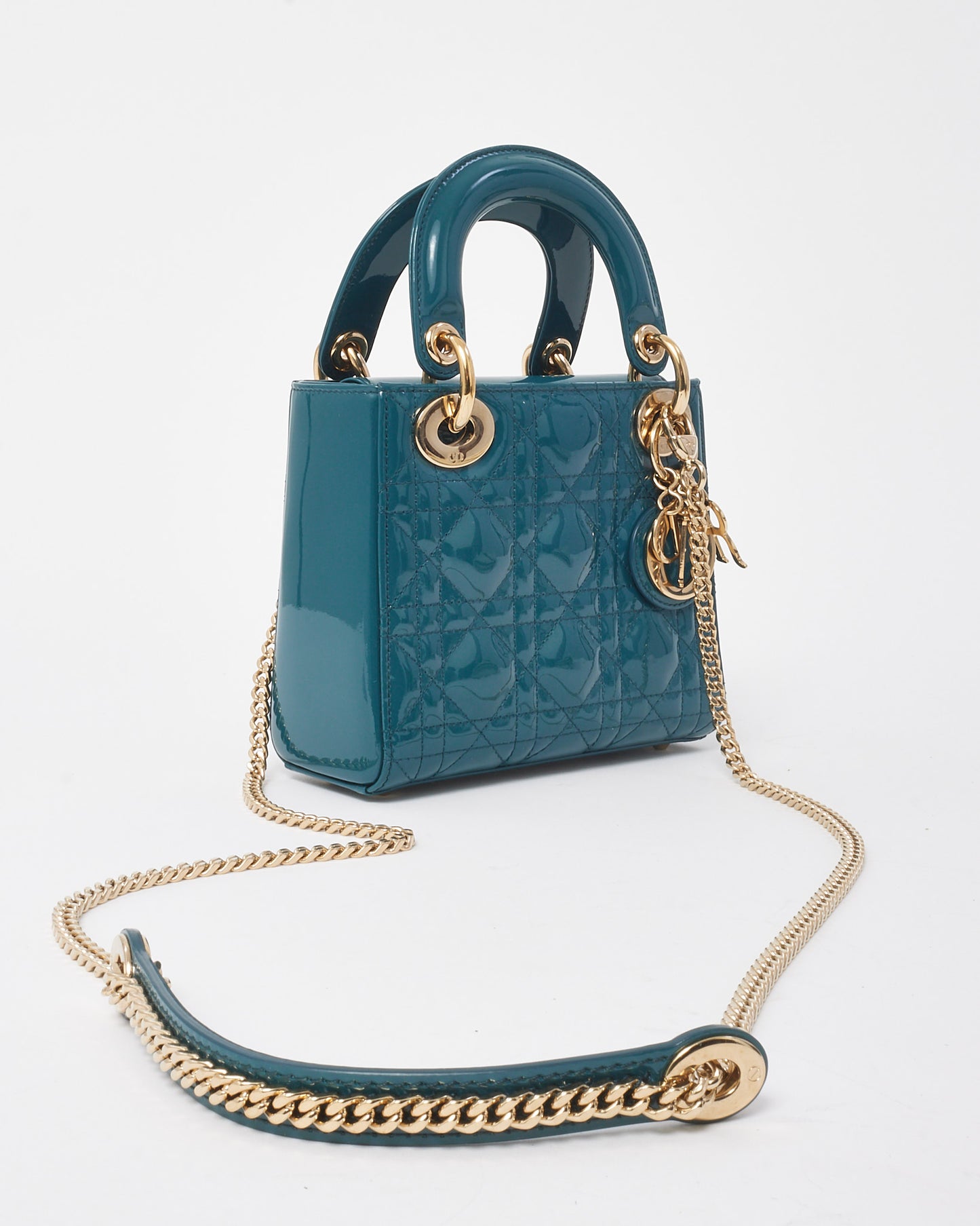 Dior Teal Blue Cannage Patent Leather Mini Lady Dior Bag GHW