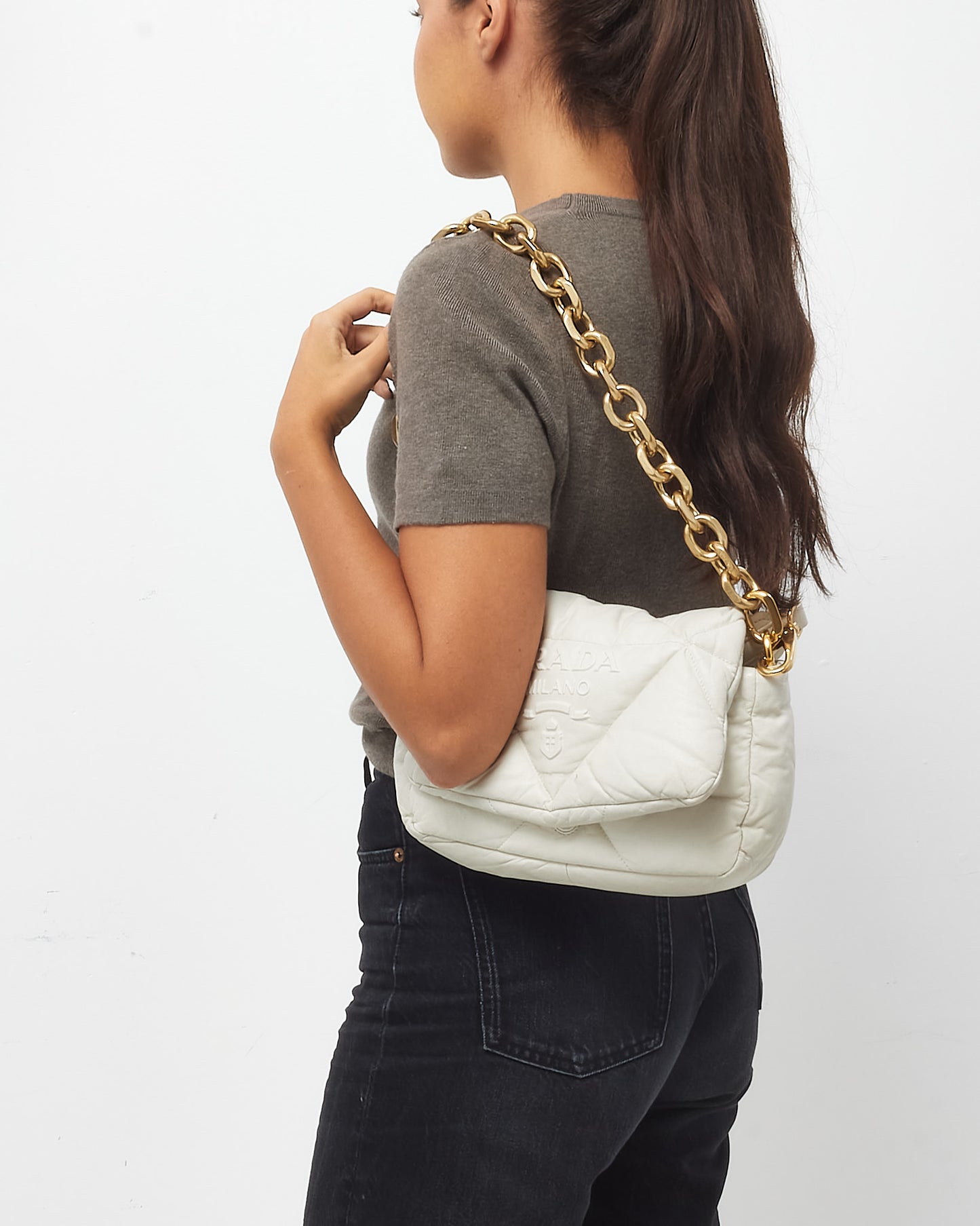 Prada White Nappa Leather System 2022 Flap Chain Shoulder Bag