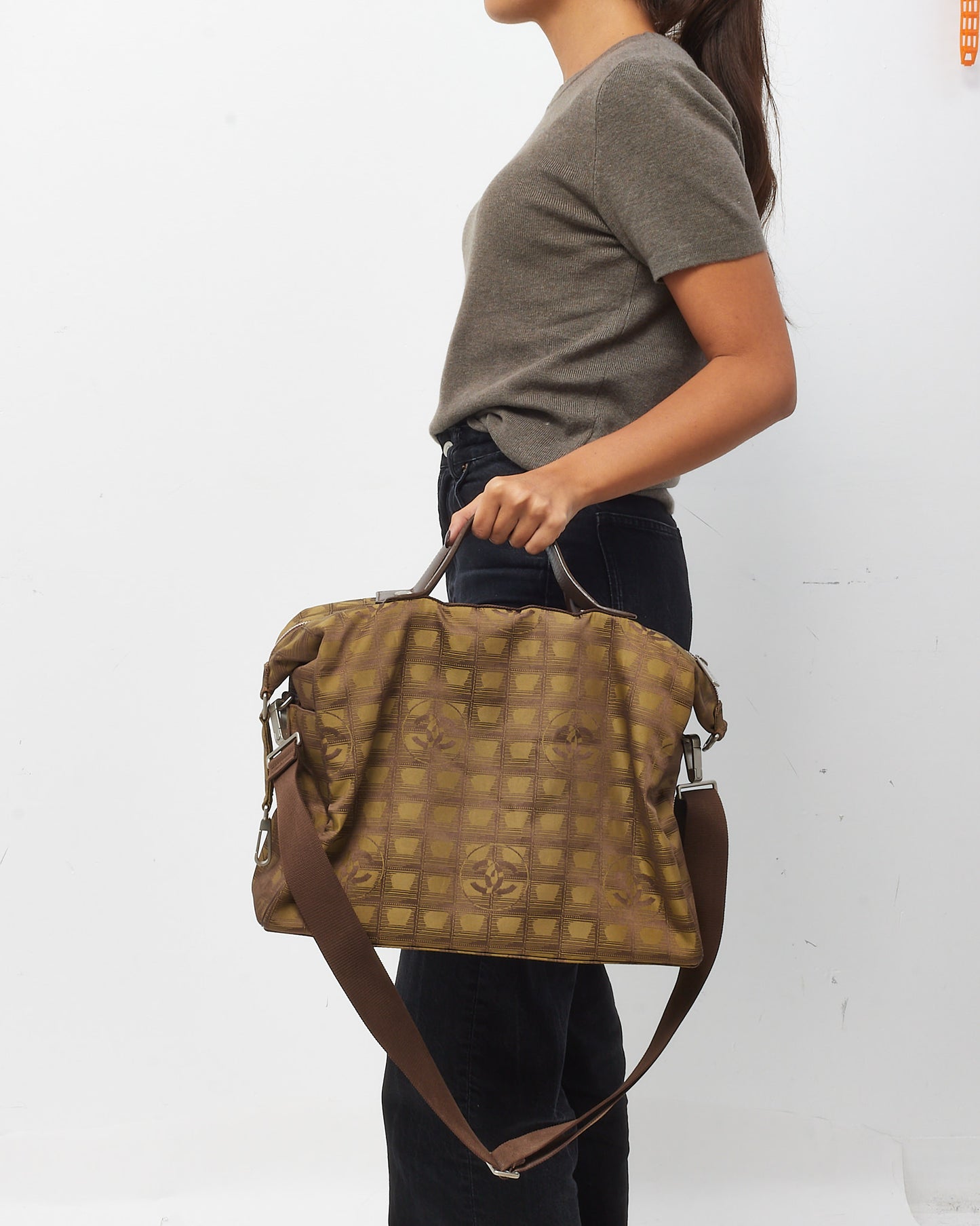 Chanel Brown CC Logo Travel Line Nylon Boston 2Way Duffle Bag