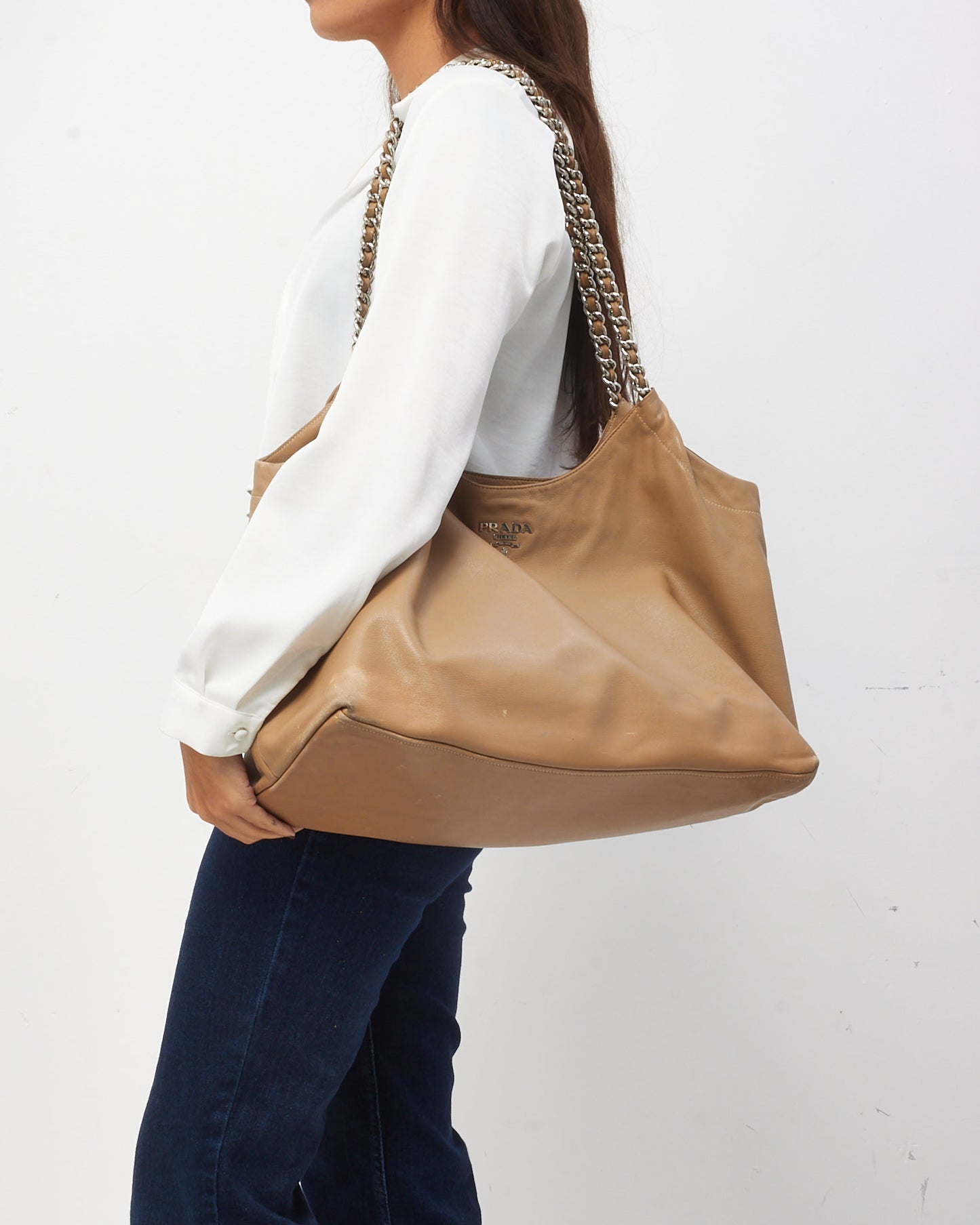 Prada Beige Soft Calfskin Leather Large Chain Tote Bag