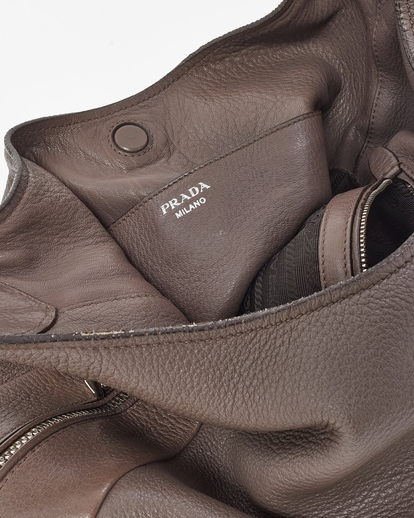 Prada Grey Cervo Deerskin Leather Zipper Logo Hobo Shoulder Bag