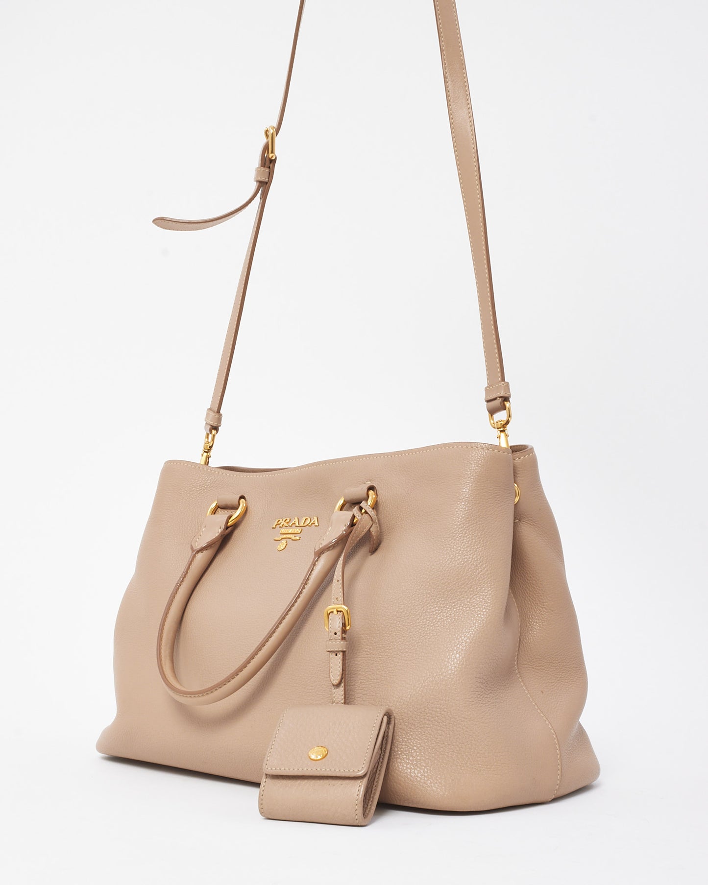 Prada Beige Vitello Daino Leather Logo 2Way Tote Bag
