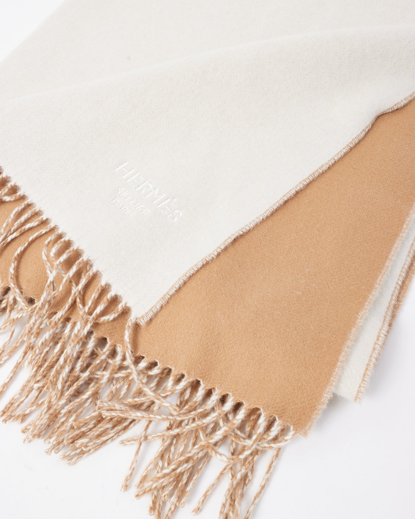 Hermès Beige & White Cashmere Double Face Logo Stole Scarf