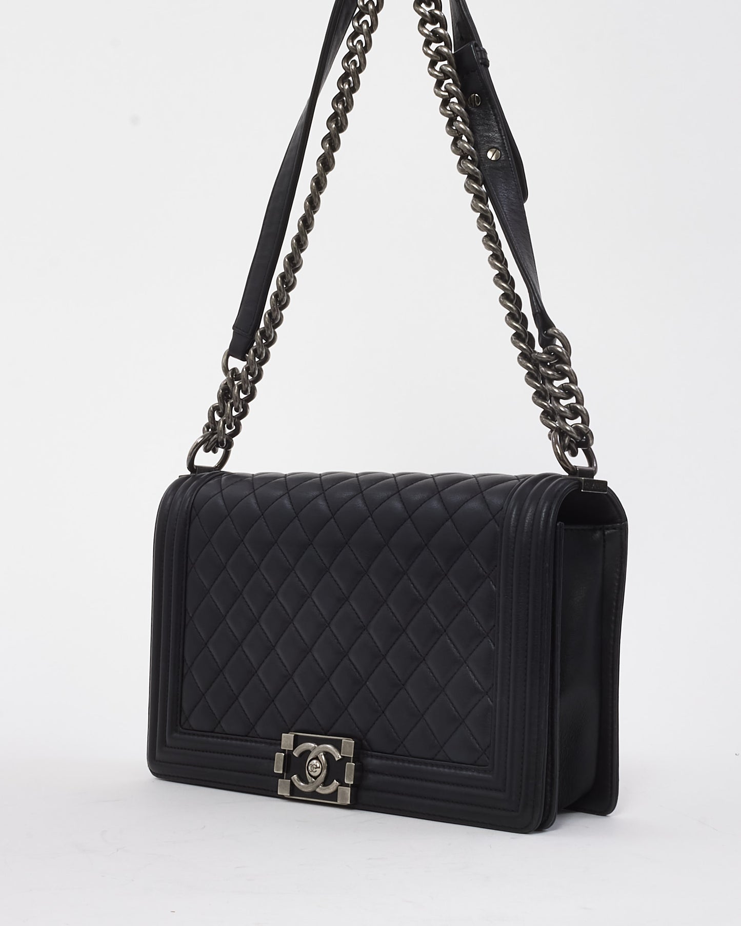 Chanel Black Quilted Calfskin Leather Large Boy Bag SHW
