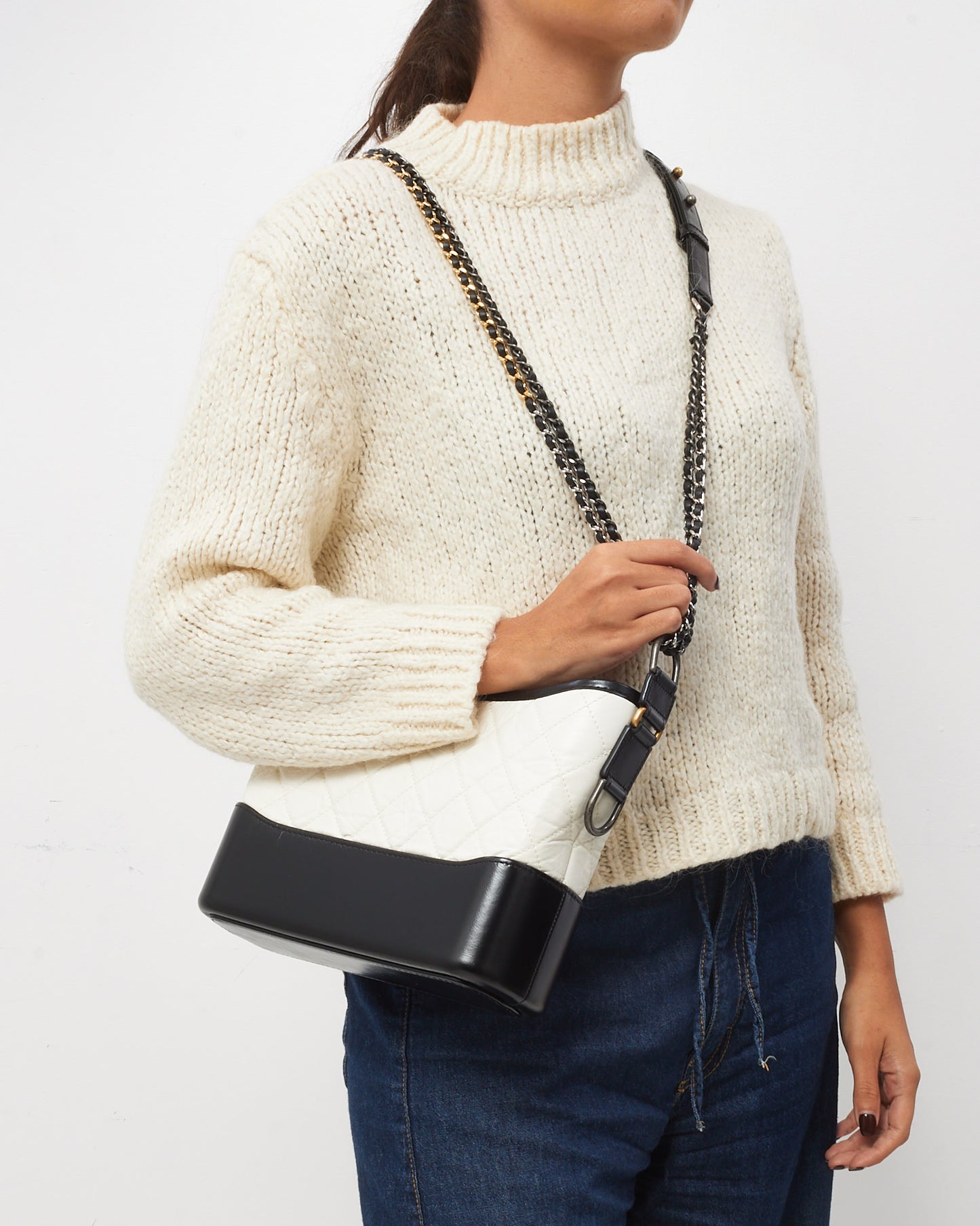 Chanel Black and White Quilted Leather Small Gabrielle Hobo Crossbody Bag