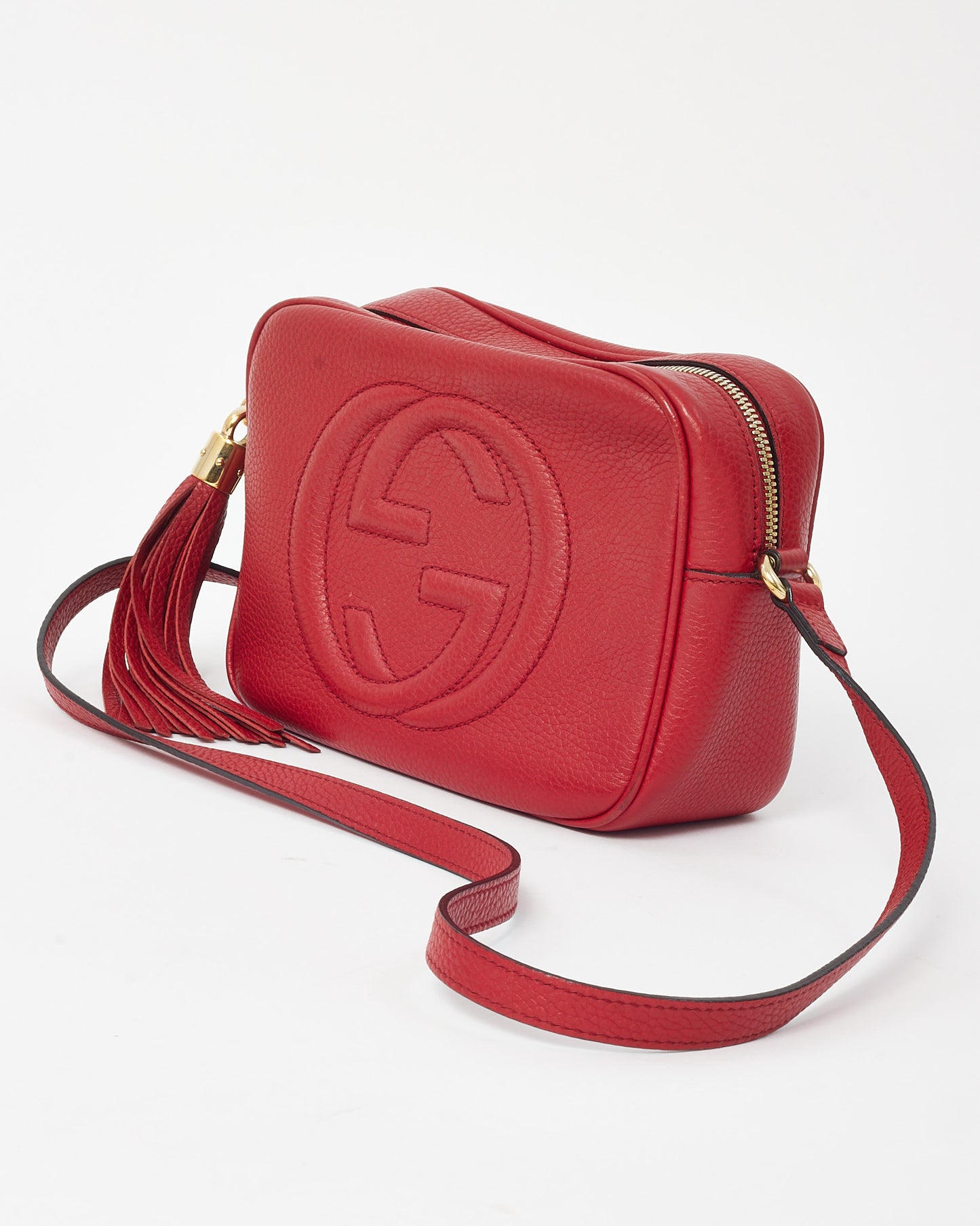 Gucci Red Pebbled Calfskin Leather GG Soho Disco Crossbody Bag