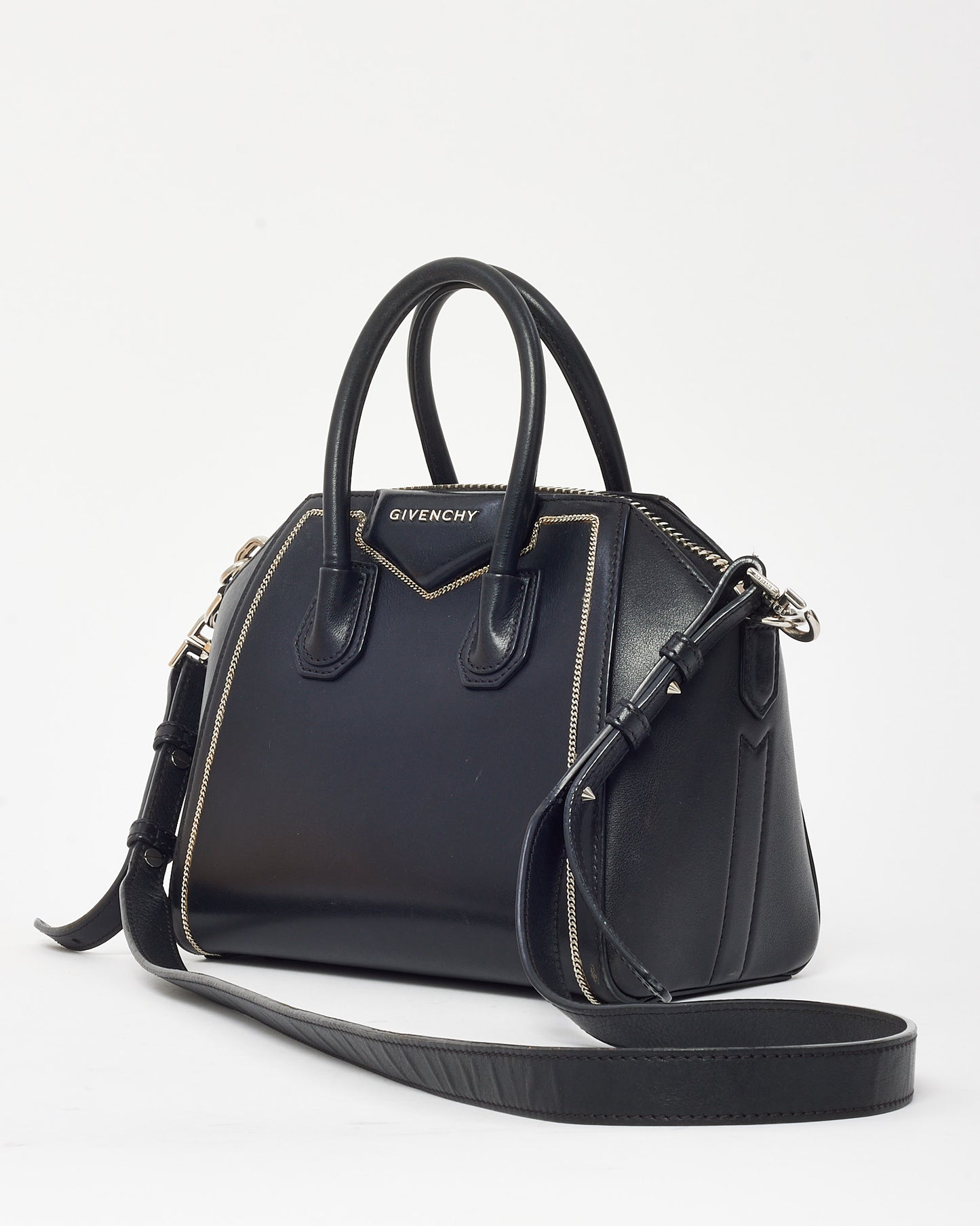 Givenchy Black Pebbled Leather Mini Chain Embellished Antigona Bag with Strap