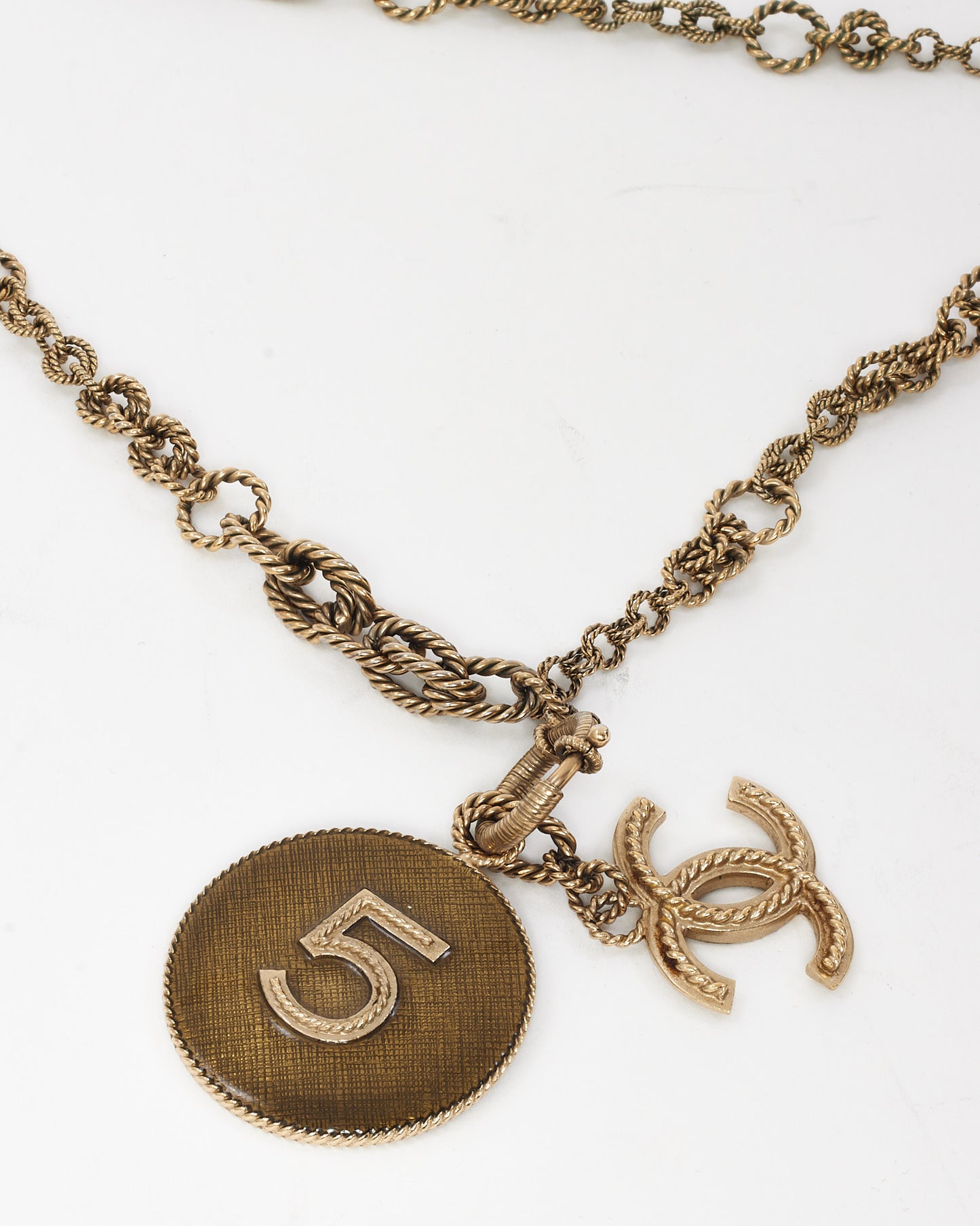 Chanel Gold-Tone Metal CC No.5 Long Medallion Pendant Necklace